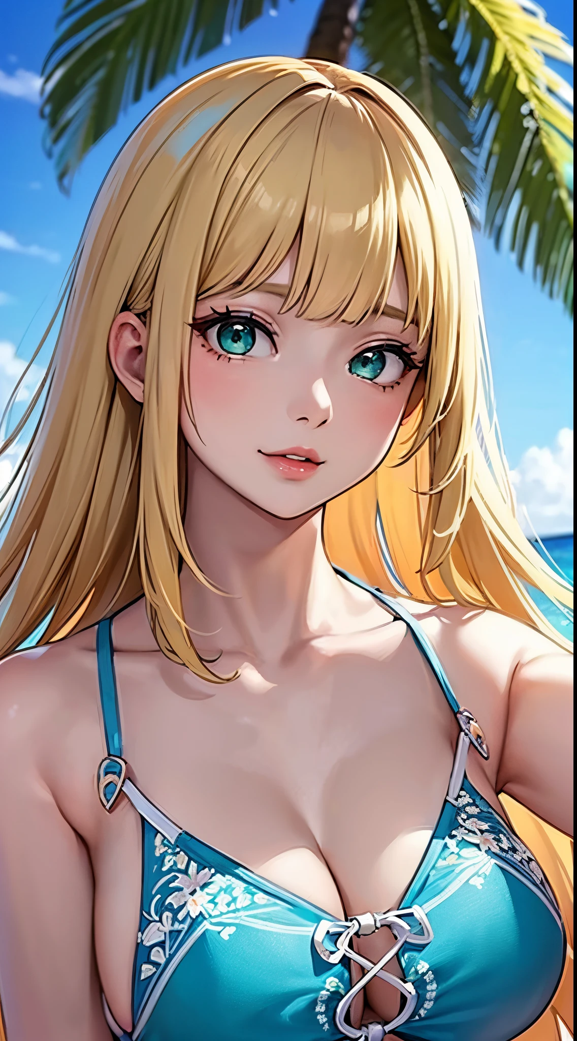 masutepiece, (hyper detailed background, Delicate pattern, intricate-detail), (high-detail, Fine details), top-quality, Beautiful light, 1girl in, yui, Penelope, Blonde hair, large boob, Perky bust, Lips, Green eyes, long-haired, gaze at the audience, (Swimsuit, bikini of), intricate detail background, Outside, Sunny, Beach, Sand, Palm Tree, Blue sky, gag, (Close Up Shot, Portrait),