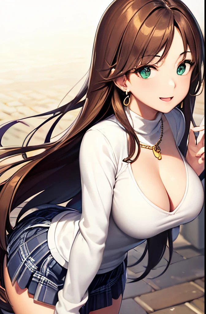 ((masterpiece, best quality, highres, UHD, perfect pixel, depth of field, 4k, RTX, HDR)), 1girl, single, solo, beautiful anime girl, beautiful artstyle, anime character, ((long hair, parted bangs, brown hair)), (green eyes:1.4, rounded eyes, beautiful eyelashes, realistic eyes), (detailed face, blushing:1.2), (smooth texture:0.75, realistic texture:0.65, photorealistic:1.2, anime CG style), medium breasts, cleavage, (dynamic angle, dynamic pose:1.4, looking to viewer), perfect body, busty, ((white sweater, long sleeve, plaid skirts, stocking)), smile, open mouth, leaning forward, hands behind back, amusement park, diamond necklace, rounded earrings