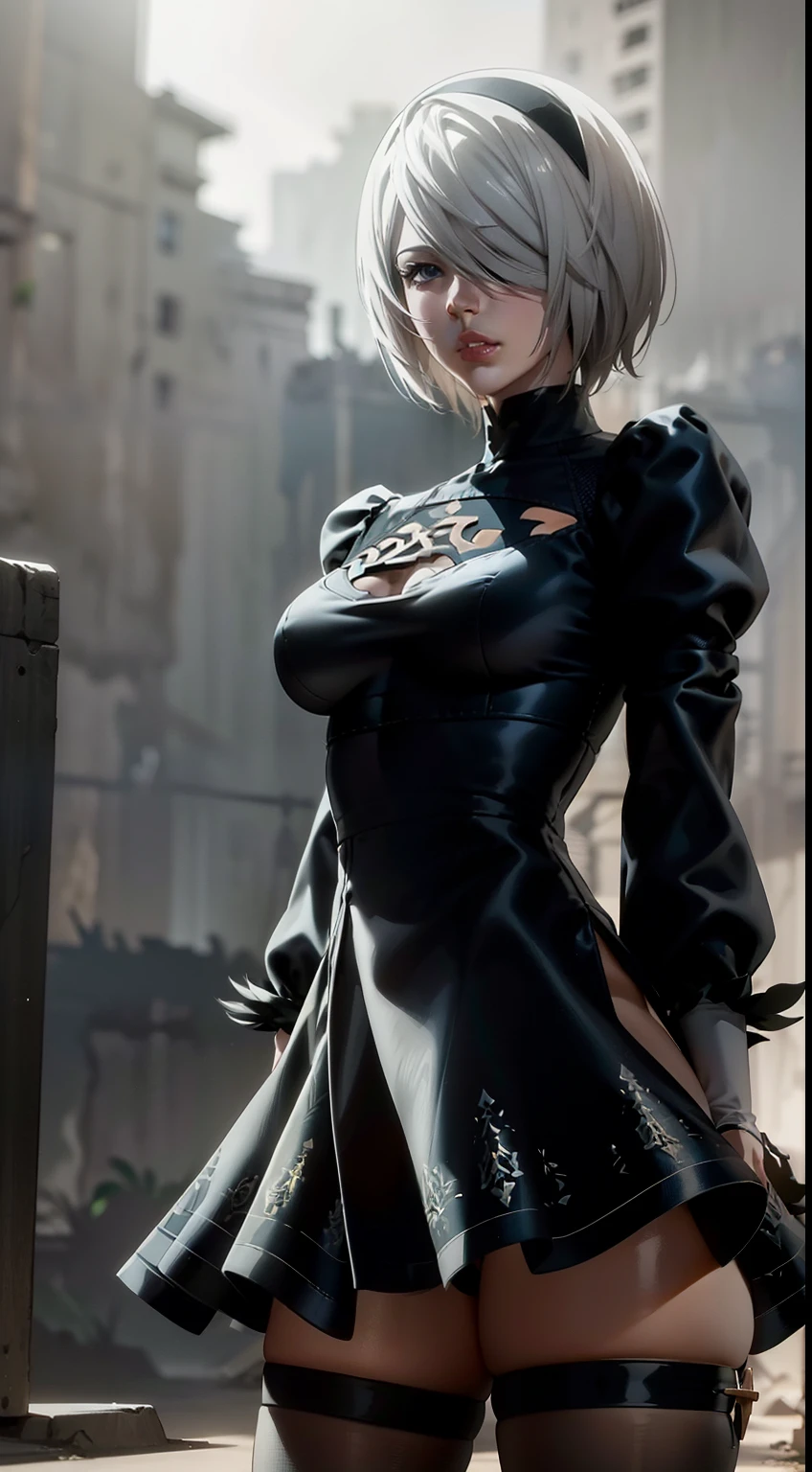 Detalhes realistas, Holding a Japanese sword in hand..., Black Short Skirt, the anime, (Based on nier automata) the perfect body, The Perfect Girl, perfect details, Ultra HD |, 8K, Professional photo, Anime Style 2B, Extremely detailed (Very beautiful blue eyes), destroyed slums, Standing in a fighting stance, fighting posture, green gas, mist, Arcane style, the night, explosions, The Flash, Arcane style, extremely detailed CG unity 8k wallpaper, detailed light, Cinematic lighting, chromatic aberration, glittering, expressionless, extremely detailed CG unity 8k wallpaper, detailed light, Jinx's character design, epic composition, dark in the background, Very detailed, Detailed body, Detailed Face, sharp-focus, sharp-focus, Very drooping face, 詳細な目, super fine illustration, better shadow, finely detail, Beautiful detailed glow, Beautiful detailed, Extremely detailed, expressionless, epic composition, Unreal EngineСтиль графики Copy, Presented at artstation, Octane Render, cgsociety, artstation hd, Cinematic, CGsociety 4 K, hypermaximalist, ele\(League of Legends\)