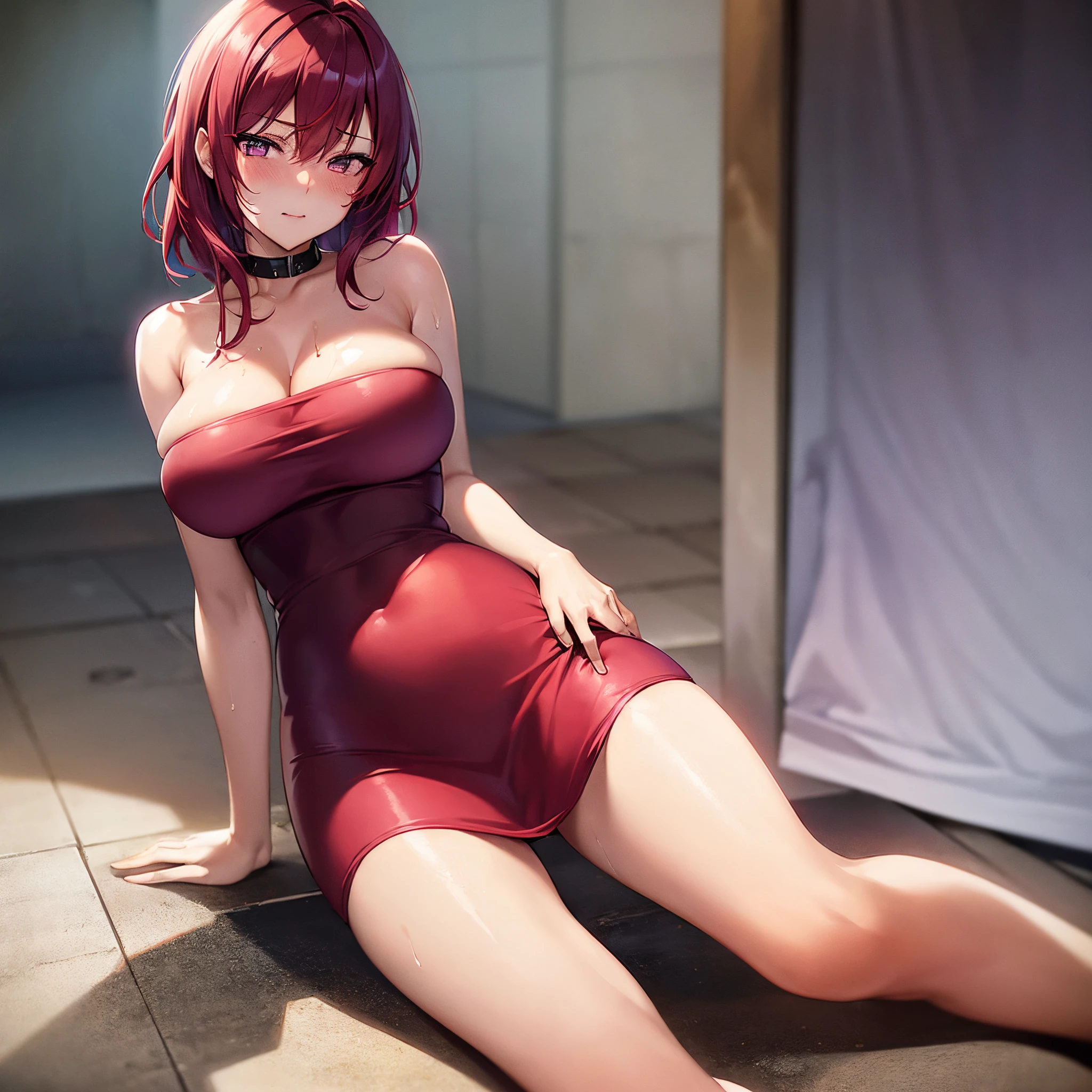 Nishikino maki, Purple eyes,red hair, curvy body, big breasts,((sexy short bodycon dress)), strapless , sleeveless, cleavage,bare shoulders, wrist band, police cap, sweaty, blushing, laying on ground, spread legs, panties, defeated, looking at viewer, prison,llchar, embarrassed,cum on face, cum on breasts