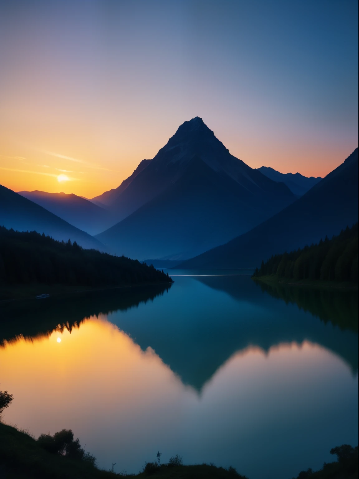 Sunset sky、lake、mont、beautifly、Moving、Fantastical、Best Quality、masutepiece、