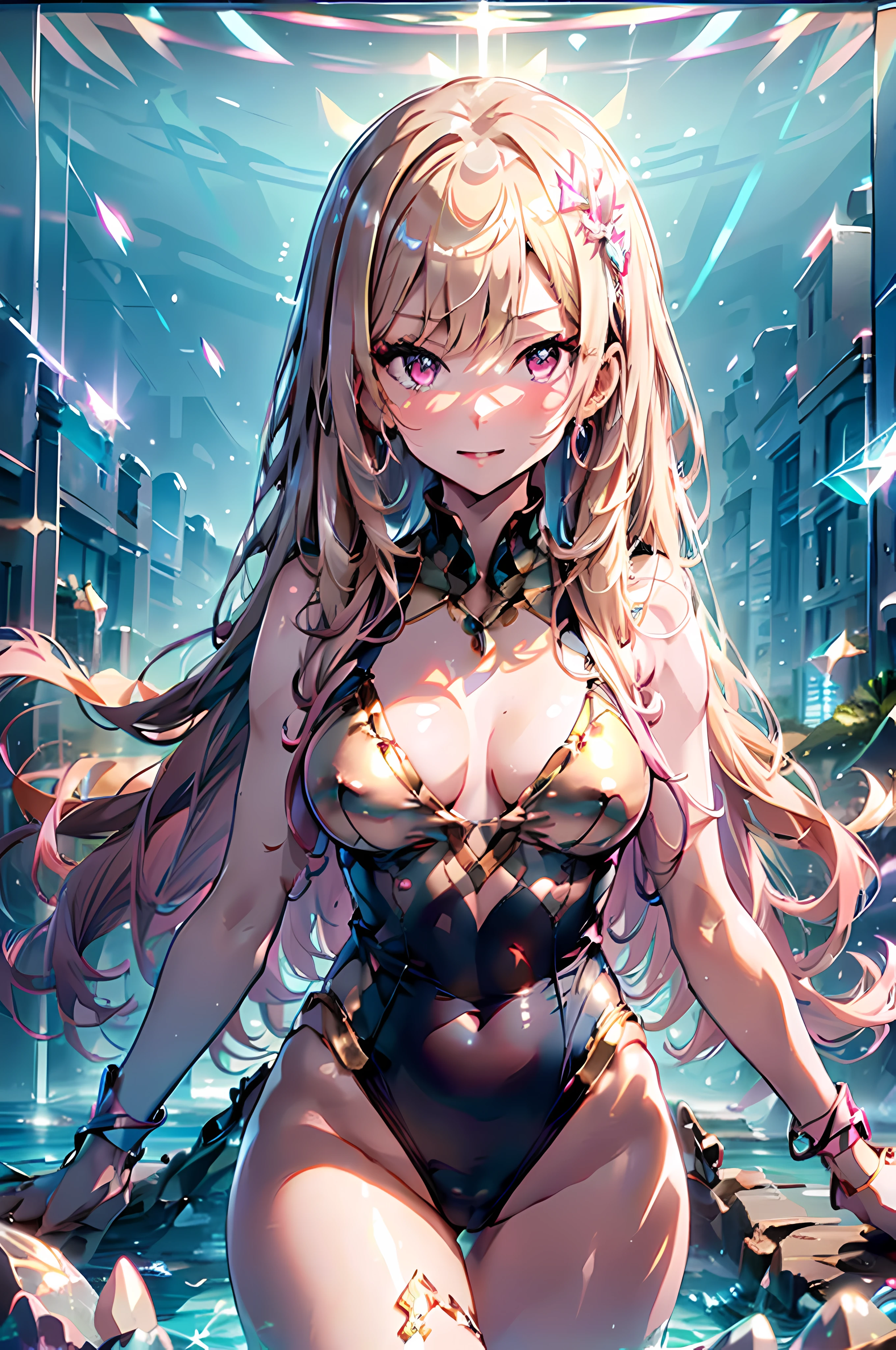 angel woman waist shot, Convoluted, Slender face, Elegant, (Marin Kitagawa,Open your mouth,huge smile,sexy,gals,Platinum Blonde Hair, Long hair, multicolored hair, Draw the red eye in detail, Jewelry, (sleeveless,high-necked,Clarity Metallic Pink Match_Swimsuit), pink crystal bangles:1.2),wearing a pink crystal necklace, Clarity metallic pink light leotard,Facing Camera, Highly detailed,accurate and perfect anatomy,Digital Painting, art stations, Concept art, Smooth, Sharp Focus, Illustration, art by artgerm and greg rutkowski and alphonse mucha, 8K, Volumetric fog,(kaleidoscopic imagery,Target pattern), bloom, llight rays, lumen, Crank bokeh,(rystallineAI),(phcrysta),(A mysterious, majestic and beautiful temple made up of pink crystal ceilings, pillars and floors.)