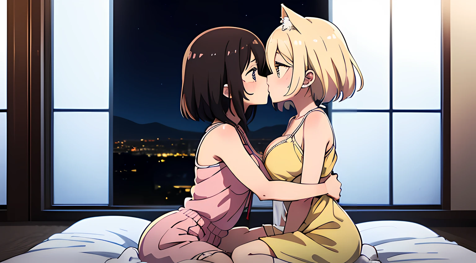 ​master piece,hyper quality, Hyper Detailed,Perfect drawing,nffsw,3D,8K,Two anime beautiful nekomimi girls kissing while pressing their breasts against each other
Two beautiful nekomimi girls from anime staring at each other from the front, Pushing each other's chests and hugging each other
Japanimation　Moe Anime Beautiful Girl　Kogal　Brown skin　Loose socks(Buggy socks:1.5)　knight suit　a  long skirt (0.8)　Bedrooms、indirect lighting、Night view outside the window、beatiful backgrounds、Detailed drawing、Accurate drawing、clearface,Perfect illustration、