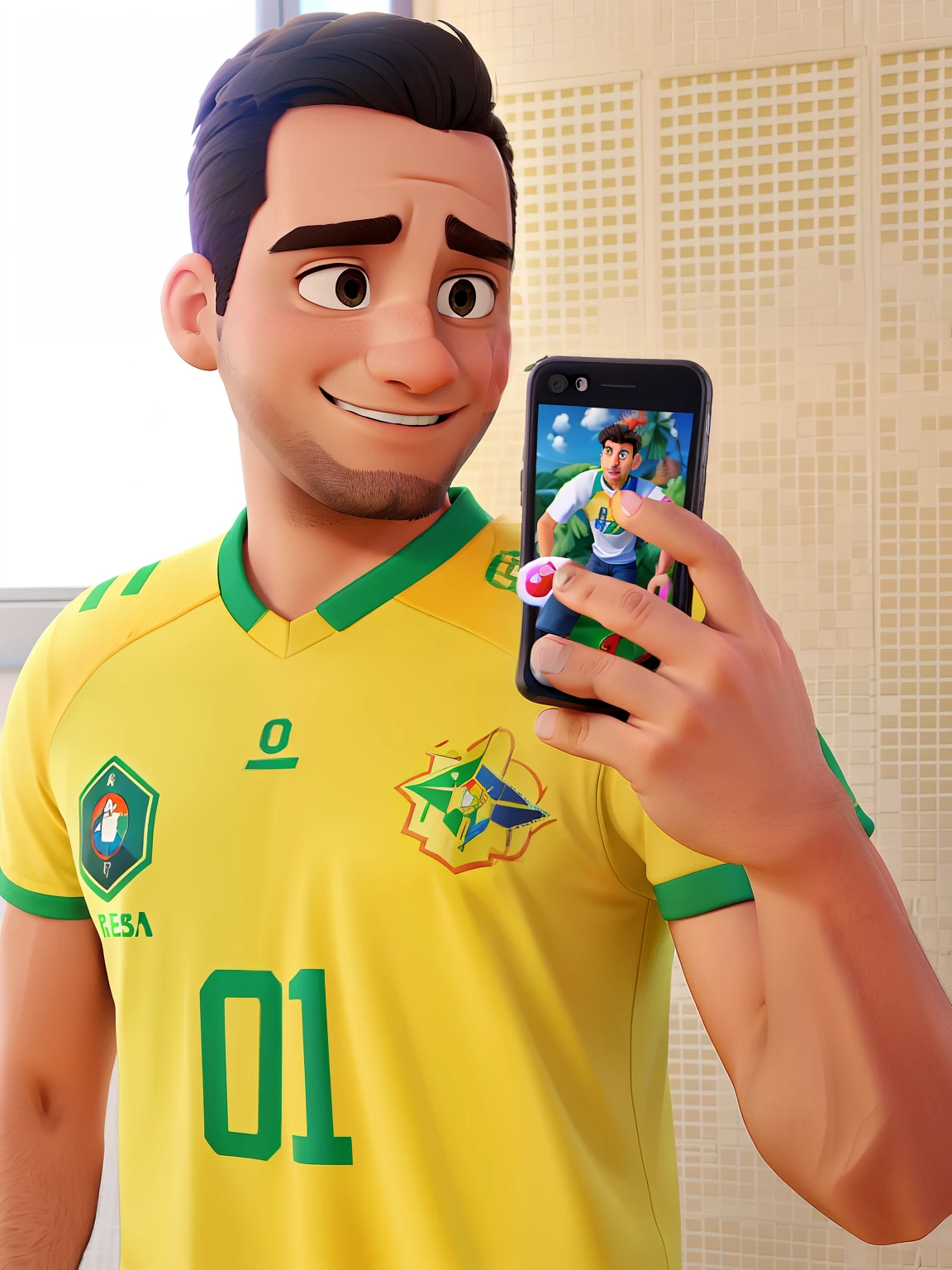 Man with Brazilian national team shirt , tirando selfie com celular  iPhone, Poster no estilo Disney pixar, alta qualidade, melhor qualidade,