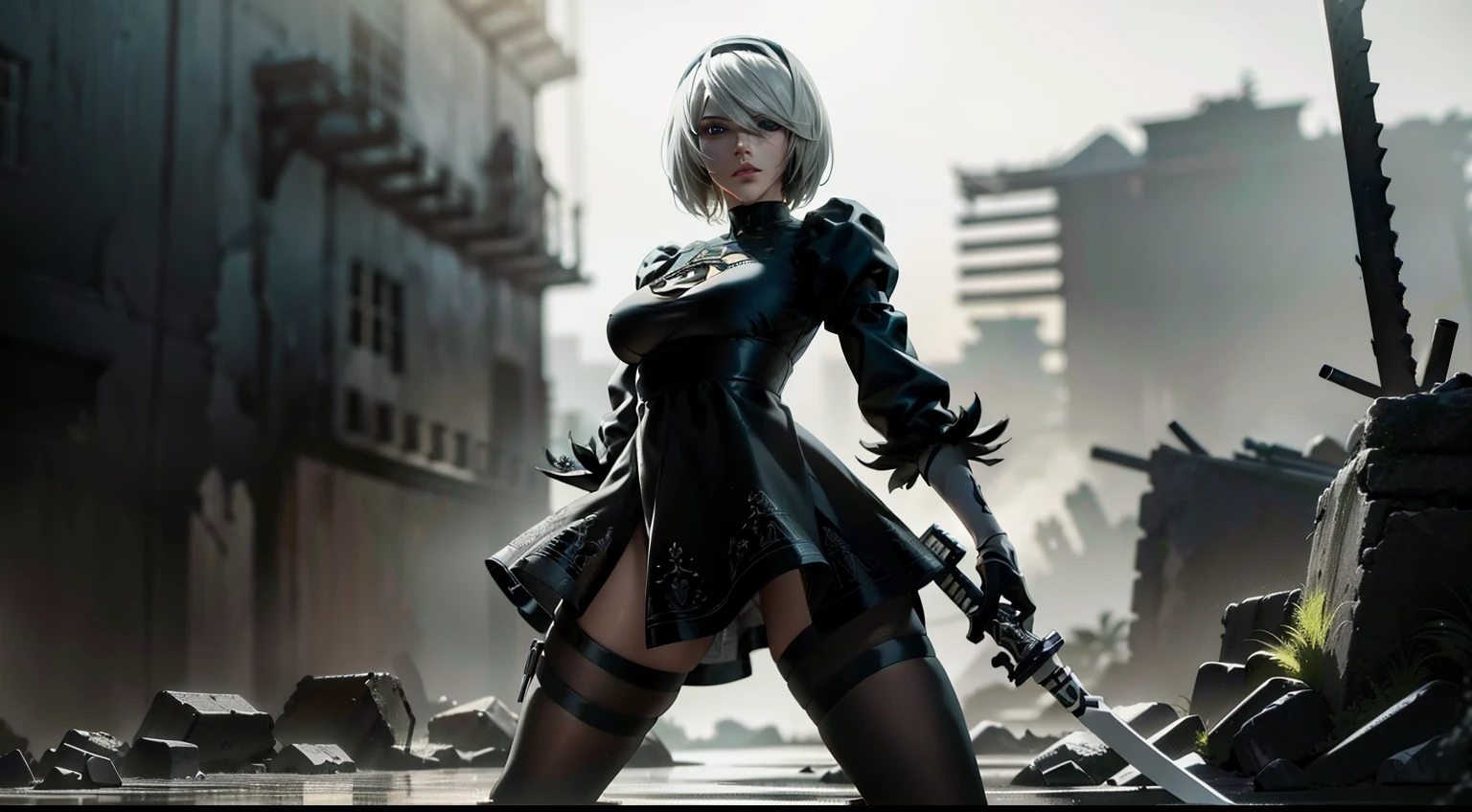 Detalhes realistas, Holding a Japanese sword in hand...., Black Short Skirt, the anime, (Based on nier automata) the perfect body, The Perfect Girl, perfect details, Ultra HD |, 8K, Professional photo, Anime Style 2B, Extremely detailed (Very beautiful blue eyes), destroyed slums, Standing in a fighting stance, fighting posture, green gas, mist, Arcane style, the night, explosions, The Flash, Arcane style, extremely detailed CG unity 8k wallpaper, detailed light, Cinematic lighting, chromatic aberration, glittering, expressionless, extremely detailed CG unity 8k wallpaper, detailed light, Jinx's character design, epic composition, dark in the background, Very detailed, Detailed body, Detailed Face, sharp-focus, sharp-focus, Very drooping face, 詳細な目, super fine illustration, better shadow, finely detail, Beautiful detailed glow, Beautiful detailed, Extremely detailed, expressionless, epic composition, Unreal EngineСтиль графики Copy, Presented at artstation, Octane Render, cgsociety, artstation hd, Cinematic, CGsociety 4 K, hypermaximalist, ele\(League of Legends\)