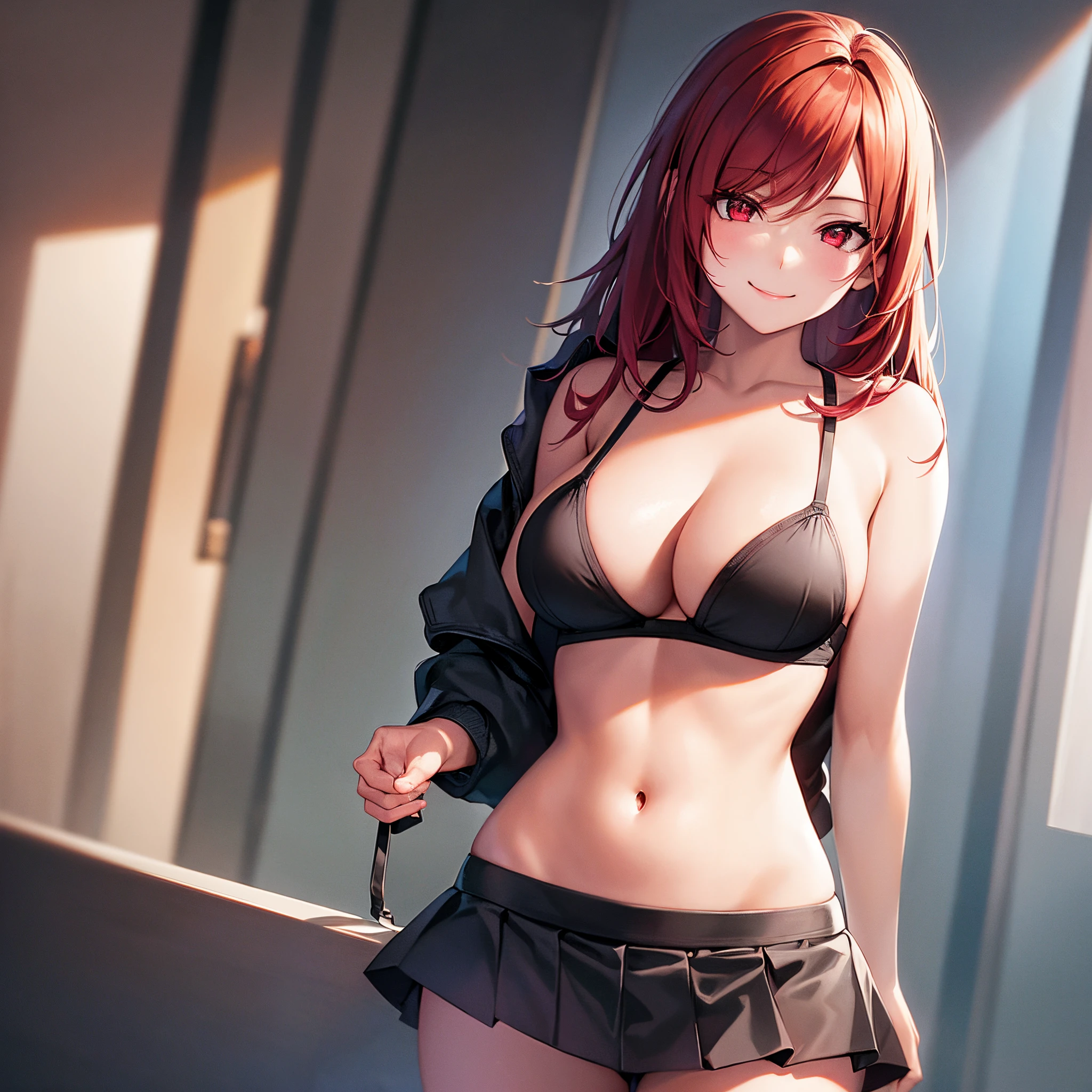 girl, looking into camera, standing, (black bra), unbottened top, hands behind back, smiling, in school, redhead, red eyes, perfect body, schoolgirl black skirt, realistic lighting, realistic camera angle, detailed