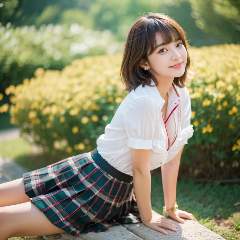 nsfw, 8K raw photo, Best quality, masterpiece, ultra high res, film grain, filmg, 1girl, looking at viewer, natural skin texture, realistic eye and face details, full lips, lipstick, (makeup), red eyeshadow, fluffy short hair, messy hair, smile, close mouth, beautiful legs, tall female, skinny, slim_legs, solo, enormous breast, cleavage, Pose with buttocks facing you, ultra short skirt, ass, shirt, beautiful nature location, around flower location, (detailed background), plaid skirt, white shirt, enormous breast, cleavage, Show a little cleavage through the shirt, loafers, blurry background, blurry, holding, plaid, short sleeves, jk ribbon on the neck, jk ribbon, brown hair, bracelet, water, bangs, school uniform, jewelry, parted lips, lips, from side, pleated skirt, depth of field