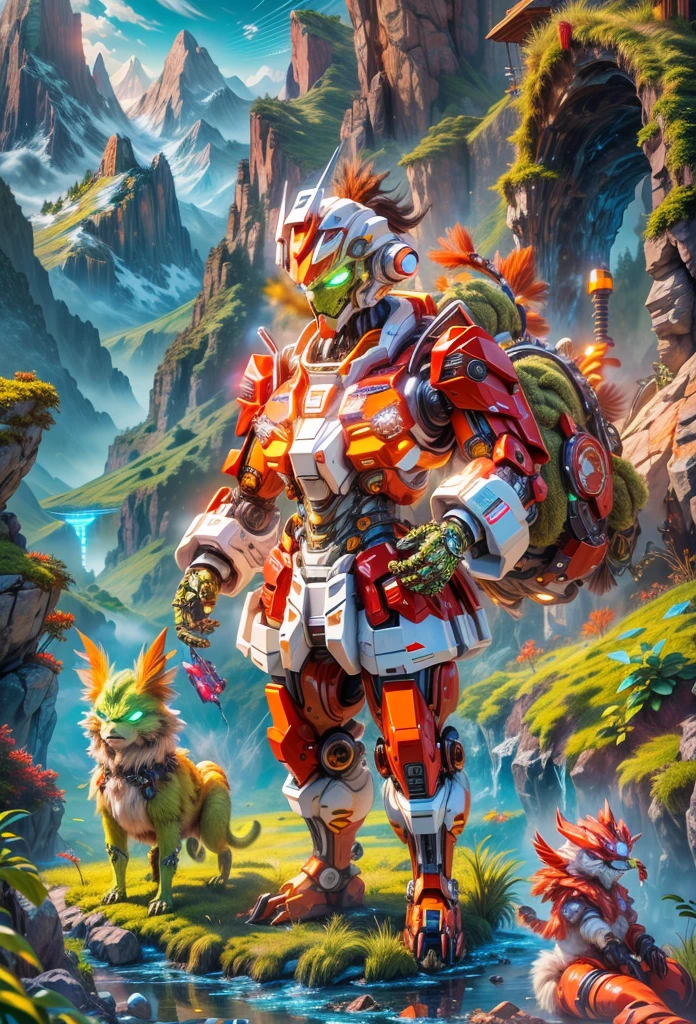 (Best quality at best, 8K,A high resolution,tmasterpiece:1.2),ultra - detailed),Futuristic robot green furry monster Grinch,full body shot of,Colorful neon lights,High-tech mechanical parts,Metal hats are cool,Metal legs,Bionic eye,Detailed feather design,Pointed mouth,suspended in mid-air,Electric blue and bright purple,Vivid glowing eyes,Reflective metal surface,The environment is gloomy,dynamicposes,The presence of majesty,Technological progress,Interlocking mechanical gears,Dynamic and stylish design,motion blur effect,Meticulous craftsmanship,sci-fi vibes,Streamlined aerodynamic shape,Laser scanning pattern,holographic projections,Light-emitting circuit lines,unforgettably beautiful,otherworldly precision,Advanced sensors,complex algorithm,Ominous and mysterious atmosphere,electric sparks,Shiny chrome plating,Propulsion systems of the future, BJ_Gundam