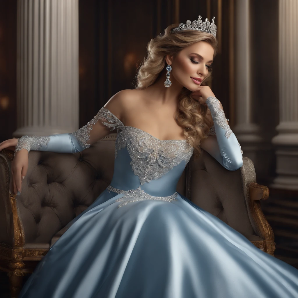 (best quality,4k,8k,highres,masterpiece:1.2),ultra-detailed,(realistic,photorealistic,photo-realistic:1.37),portrait,stunning,wavy blonde hair,hair flowing in the wind,hair with natural highlights,blue satin gown,gown with intricate lace details,elegant and flowing dress,floor-length dress,strapless design,fitting perfectly to her curves,satin fabric reflecting light,accentuating her beauty,elongated white satin elbow gloves,fine creases on the gloves,showcasing attention to detail,bright and captivating smile,perfectly applied lipstick in a natural shade,blue eye shadow accentuating her mesmerizing eyes,meticulously done makeup,enhancing her natural beauty,sparkling tiara adorning her head,exquisite details on the tiara,adding a touch of royalty,elegant black choker around her neck,complementing her attire and highlighting her neckline