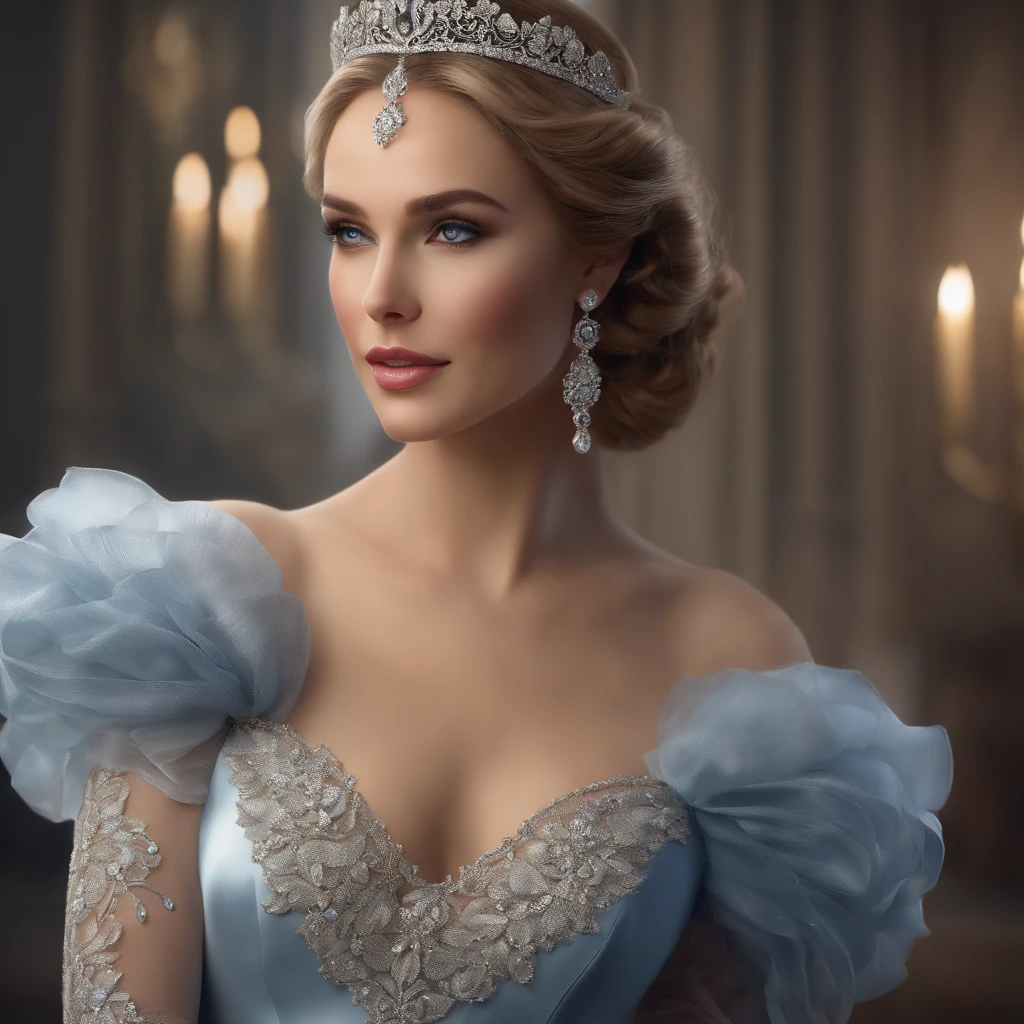 (best quality,4k,8k,highres,masterpiece:1.2),ultra-detailed,(realistic,photorealistic,photo-realistic:1.37),portrait,stunning,wavy blonde hair,hair flowing in the wind,hair with natural highlights,blue satin gown,gown with intricate lace details,elegant and flowing dress,floor-length dress,strapless design,fitting perfectly to her curves,satin fabric reflecting light,accentuating her beauty,elongated white satin elbow gloves,fine creases on the gloves,showcasing attention to detail,bright and captivating smile,perfectly applied lipstick in a natural shade,blue eye shadow accentuating her mesmerizing eyes,meticulously done makeup,enhancing her natural beauty,sparkling tiara adorning her head,exquisite details on the tiara,adding a touch of royalty,elegant black choker around her neck,complementing her attire and highlighting her neckline