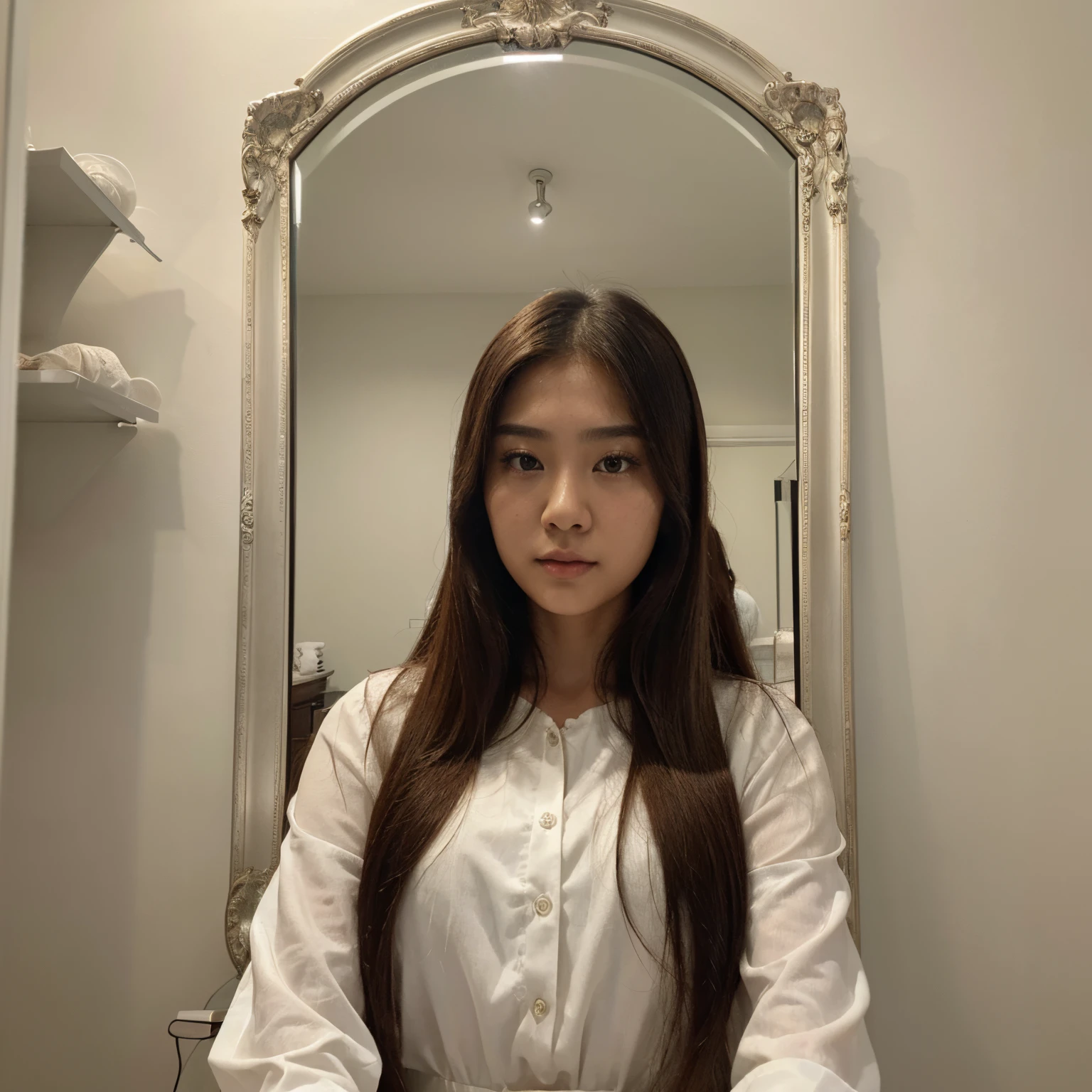 (masterpiece, best quality, ultra high res, beautiful detailed hair detailed face, perfect feminine face), there is a woman with long hair and a white blouse taking a selfie in front of mirror, an asian woman, asian girl, a young asian woman, south east asian with round face, asian female, beautiful asian girl
