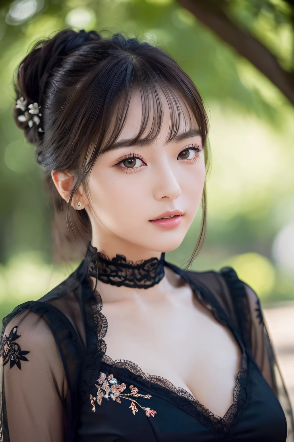 Focus on people。Create and express the best shining composition of the person in a realistic way。((masterpiece))、(((top-quality)))、((ultra-detailliert))、(A hyper-realistic)、(highly detailed CGillustration)、(extremely delicate and beautiful)、Girl a masterpiece、top-quality、Realistic skin feeling、Realistic fabric、We will introduce a realist illustration focusing on the center front of girls with realistic and ultra-detailed eyes.。This is the absolute rule, and the following sentence expresses the image quality。 The greatest painter in human history meets an unparalleled beauty、It is the greatest masterpiece in the history of the Inuiku Ichigo, which depicts the most beautiful figure of a lifetime.。 Create stunning anime artwork that is currently trending on seaStation、Introducing exquisite beauty and seductive aesthetics。Hair is tied up、Black pesant dress with detailed floral embroidery、The background is outdoors