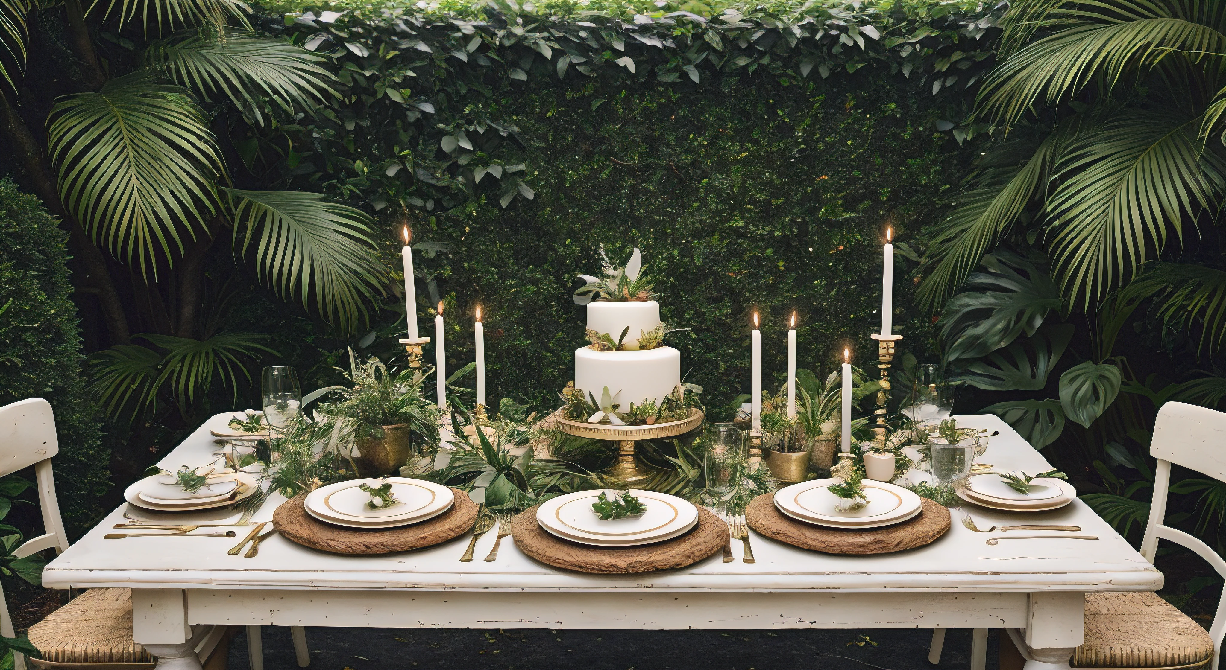 oda'There is a table here,oda'oda'oda'There's a bunch of plates and candles on it, romantic greenery, outdoor countertop setup, Stunning mysterious background, intense fantasy, Background with, photography, overgrown background, Lush foliage, Lush chic garden, Lush greenery, A beautiful photo, enchanted surroundings, Generous and beautiful details, Garden setting, large plants in the background, Elegant composition