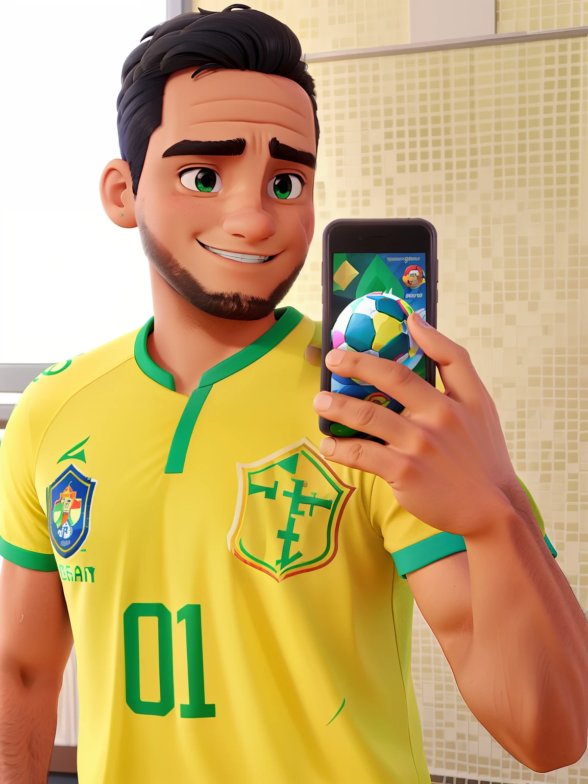 Man with Brazilian national team shirt , tirando selfie com celular preto , Poster no estilo Disney pixar, alta qualidade, melhor qualidade,