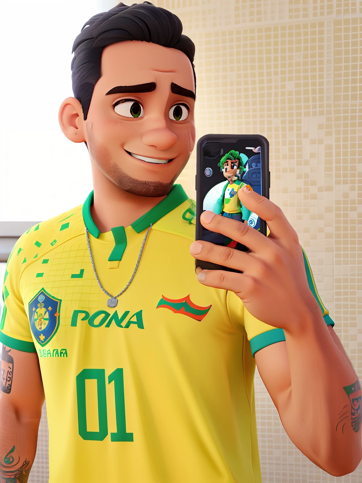 Man with Brazilian national team shirt , tirando selfie com celular  preto , Poster no estilo Disney pixar, alta qualidade, melhor qualidade,
