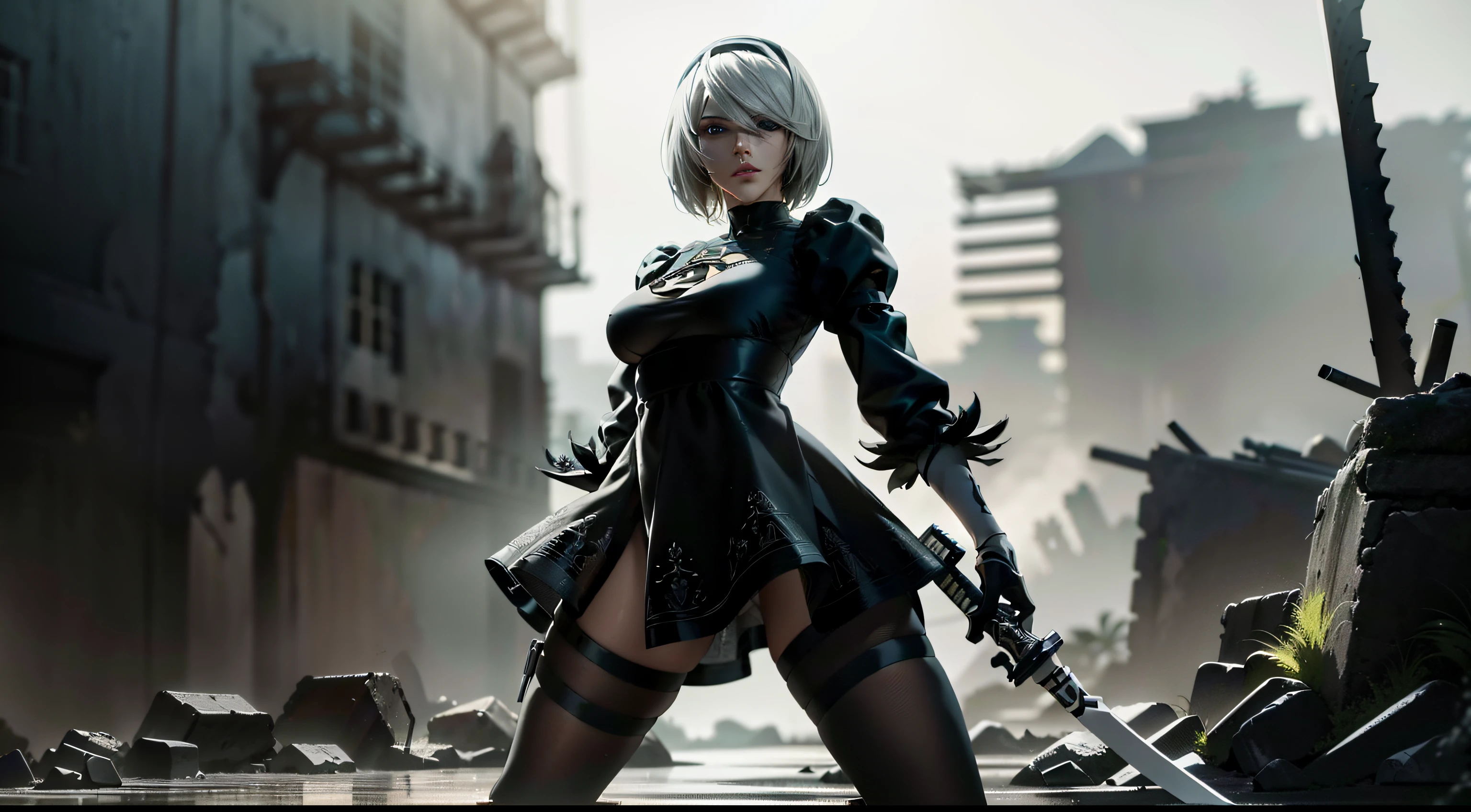 Detalhes realistas, Holding a Japanese sword in hand...., Black Short Skirt, the anime, (Based on nier automata) the perfect body, The Perfect Girl, perfect details, Ultra HD |, 8K, Professional photo, Anime Style 2B, Extremely detailed (Very beautiful blue eyes), destroyed slums, Standing in a fighting stance, fighting posture, green gas, mist, Arcane style, the night, explosions, The Flash, Arcane style, extremely detailed CG unity 8k wallpaper, detailed light, Cinematic lighting, chromatic aberration, glittering, expressionless, extremely detailed CG unity 8k wallpaper, detailed light, Jinx's character design, epic composition, dark in the background, Very detailed, Detailed body, Detailed Face, sharp-focus, sharp-focus, Very drooping face, 詳細な目, super fine illustration, better shadow, finely detail, Beautiful detailed glow, Beautiful detailed, Extremely detailed, expressionless, epic composition, Unreal EngineСтиль графики Copy, Presented at artstation, Octane Render, cgsociety, artstation hd, Cinematic, CGsociety 4 K, hypermaximalist, ele\(League of Legends\)
