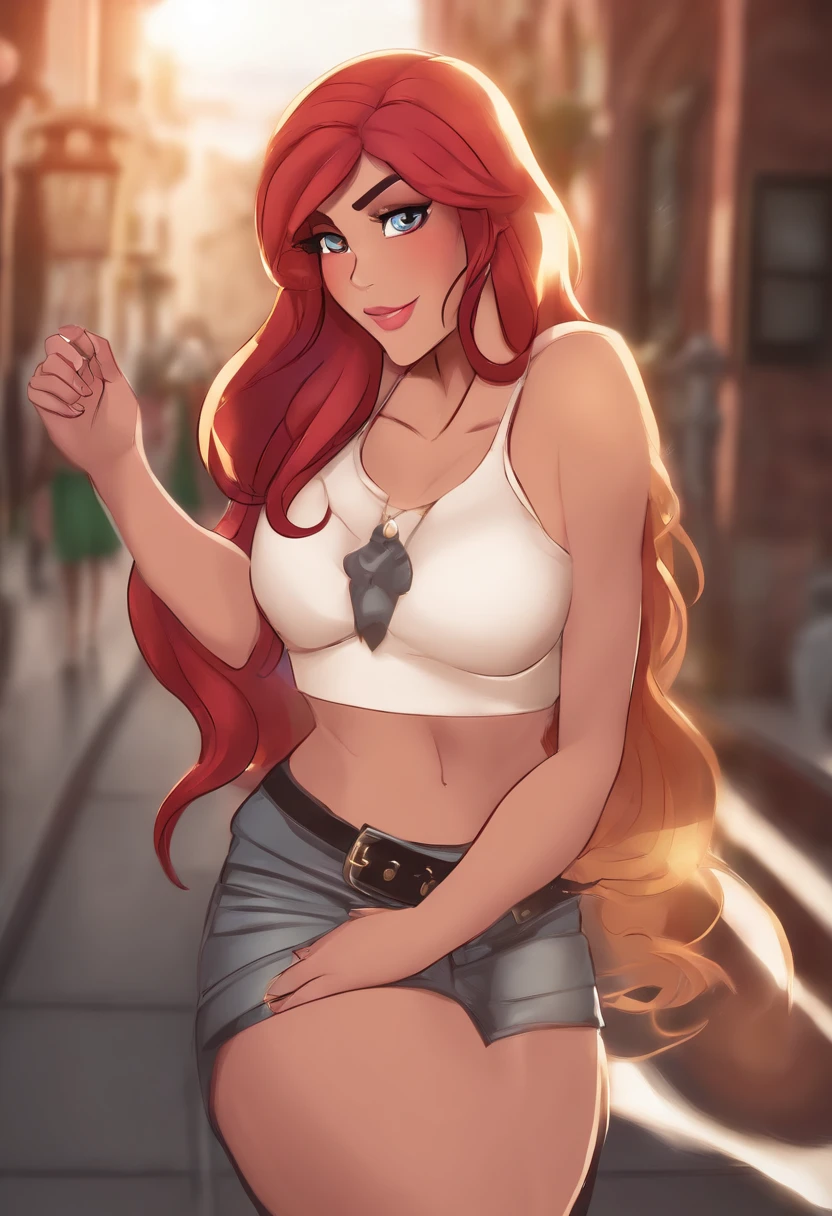 Sunsethuman, Sunset Shimmer, Sunset Shimmer from my little pony, Sunset Shimmer in the form of a girl, medium breasts, lush breasts, voluminous breasts, firm breasts, five fingers, long hair, straight hair, detailed hands, black hairs, happy face , escort outfit , standing on her feet, street, night, ,street lamp light, full-length black boots, fishnet stockings, pink miniskirt, white top, photography