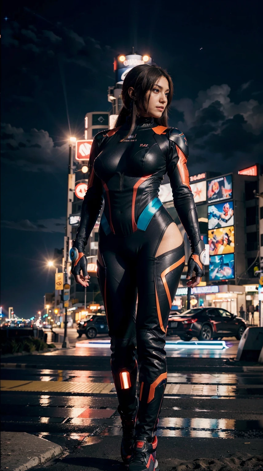 An Extremely Photorealistic Full Body View Of Gorgeous Zero-Suit Samus From The Game Super Smash Brothers With Awesome Multicolored Dark Hair, Her Zero-Suit Is Dark Grey And She Is Holding An Oversized Futuristic Sniper Cannon While Posing On The Beach At Night Under The Neon Moonlight, PhotoRealistic Background, fantastical, ethereal, atmospheric, DOF, vibrant lighting, hyper-realism, best quality, highly detailed, resolution, 8k, DSLR, HDR, UHD, Fujifilm X3.