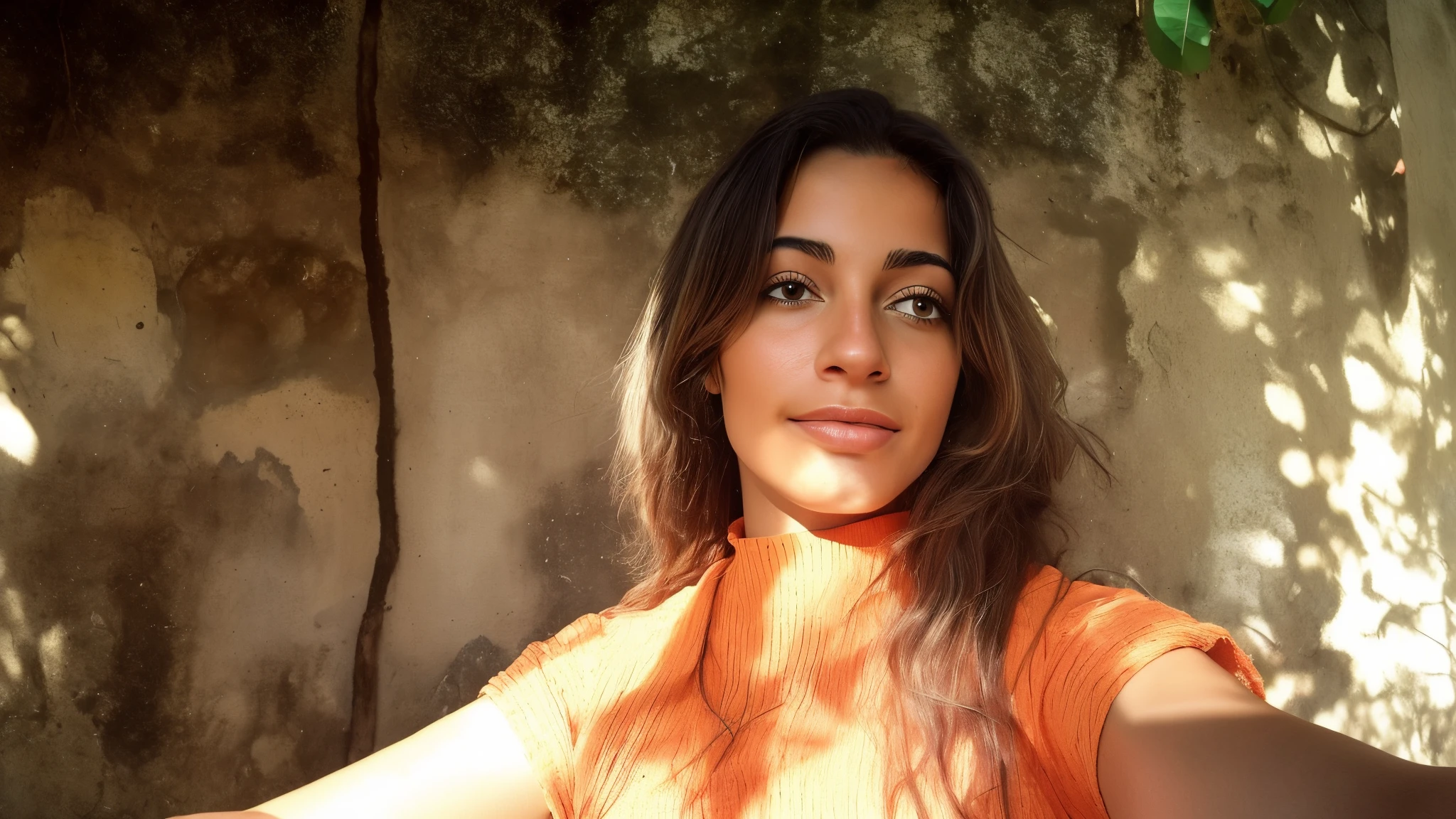there is a woman that is taking a selfie with her cell phone, na frente de um fundo laranja, selfie de uma jovem mulher, imagem de perfil, foto do perfil, com pele parda, foto de perfil headshot, imagem do avatar, imagem retrato, foto de perfil, imagem de qualidade muito baixa, foto retrato, Retrato no meio da foto, tons de laranja