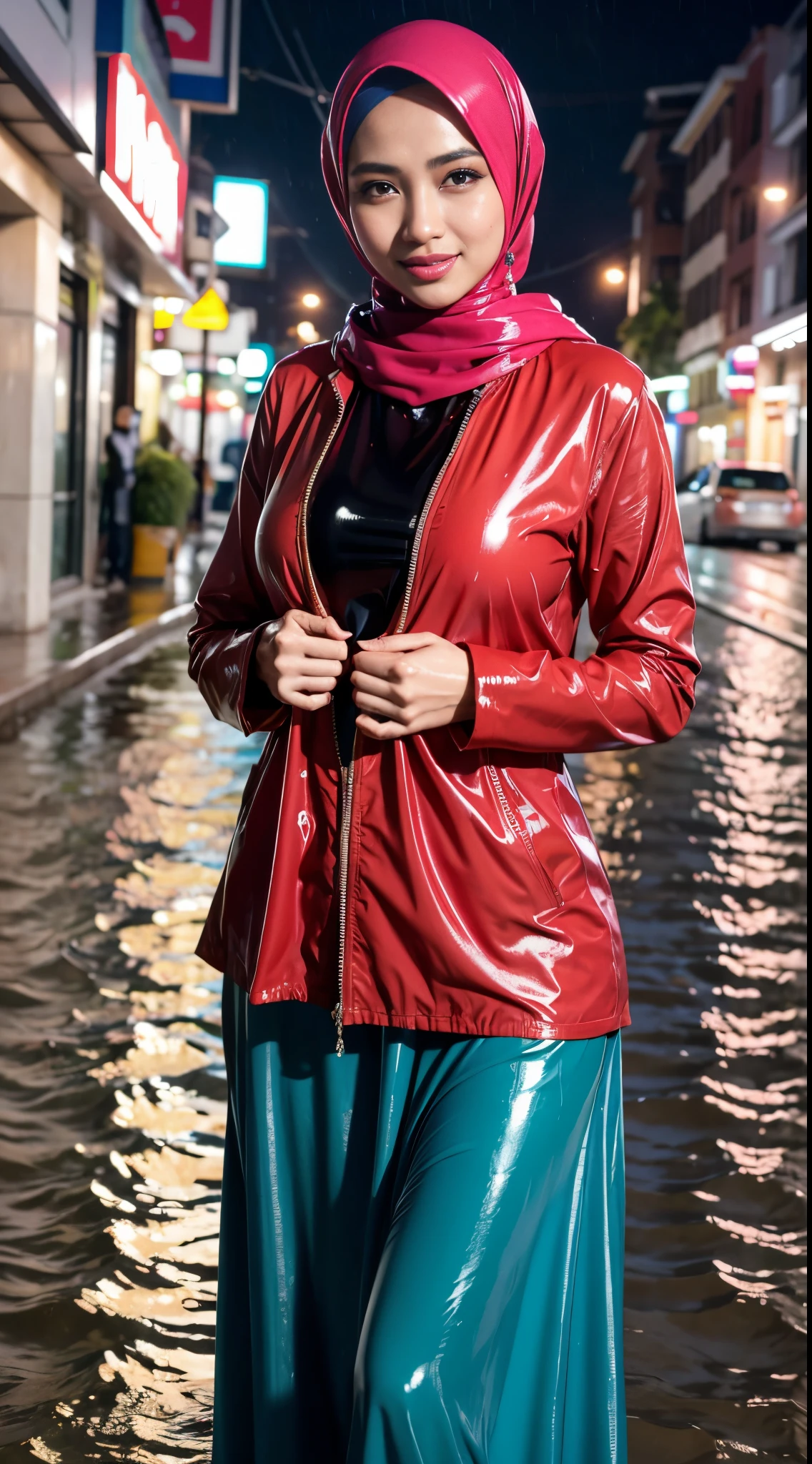 RAW, Best quality, high resolution, masterpiece: 1.3), beautiful Malay woman in hijab (iu:0.8),Malay woman in hijap with baju Kurung standing in the water, wet look, she is wearing a wet coat, in the wet street of Jakarta, beautiful girl sitting in the rain, in Muslim dress, wearing baju Kurung, long skirt, wearing clothes latex atsuko kudo , big breast, soaking wet, wet street, wearing baju kurung, grinning, shirt and tie, soaking wet, drenched, wet clothes, soaking wet, dripping oil, wet hair, beautiful, best quality, uhd, 8k, photorealistic