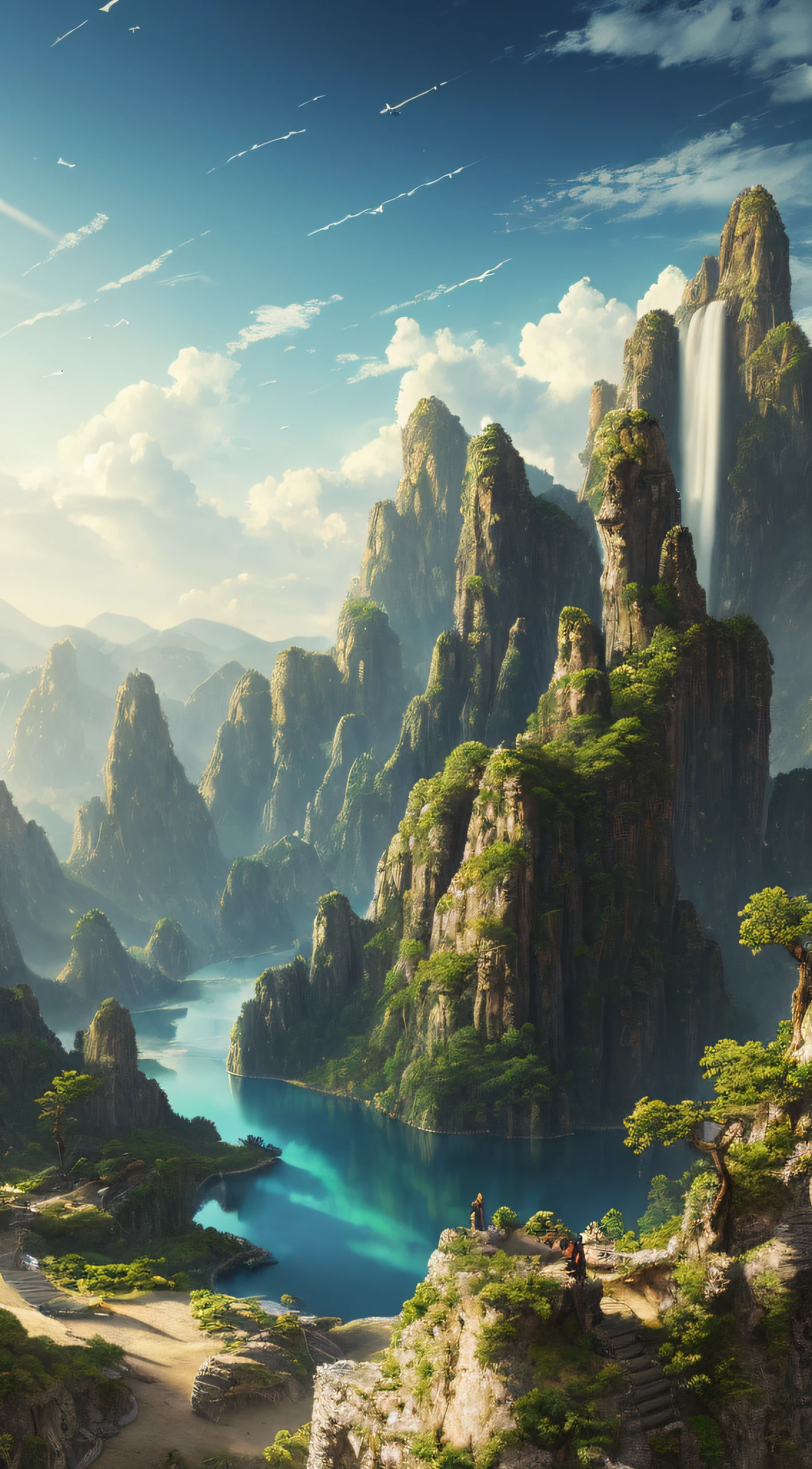 (((masterpiece))), complex landscape, best quality, high quality, extremely detailed CG unity 8k wallpaper, scenery, outdoors, sky, cloud, day, no people, mountain, landscape, water, tree, blue sky, waterfall, cliff, nature, lake, river, cloudy sky,award winning photography, Bokeh, Depth of Field, HDR, bloom, Chromatic Aberration ,Photorealistic,extremely detailed, trending on artstation, trending on CGsociety, Intricate, High Detail, dramatic, art by midjourney, vast landscape, small mountains