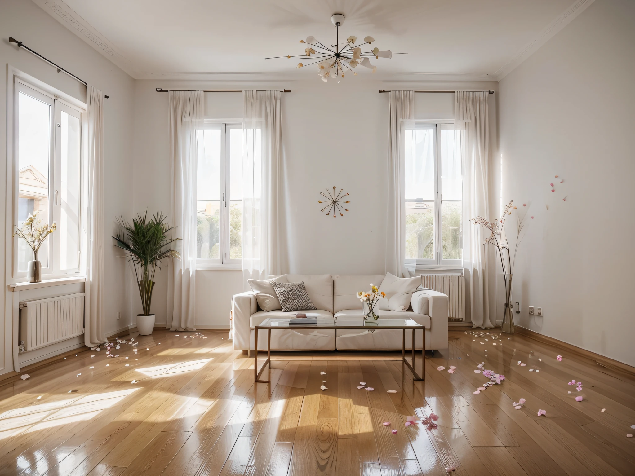 Spacious modern minimalist home environment with many petals of various flowers scattered on the floor randomly and in the air to simulate a fresh and fragrant environment with ambient and realistic lighting with high level of details