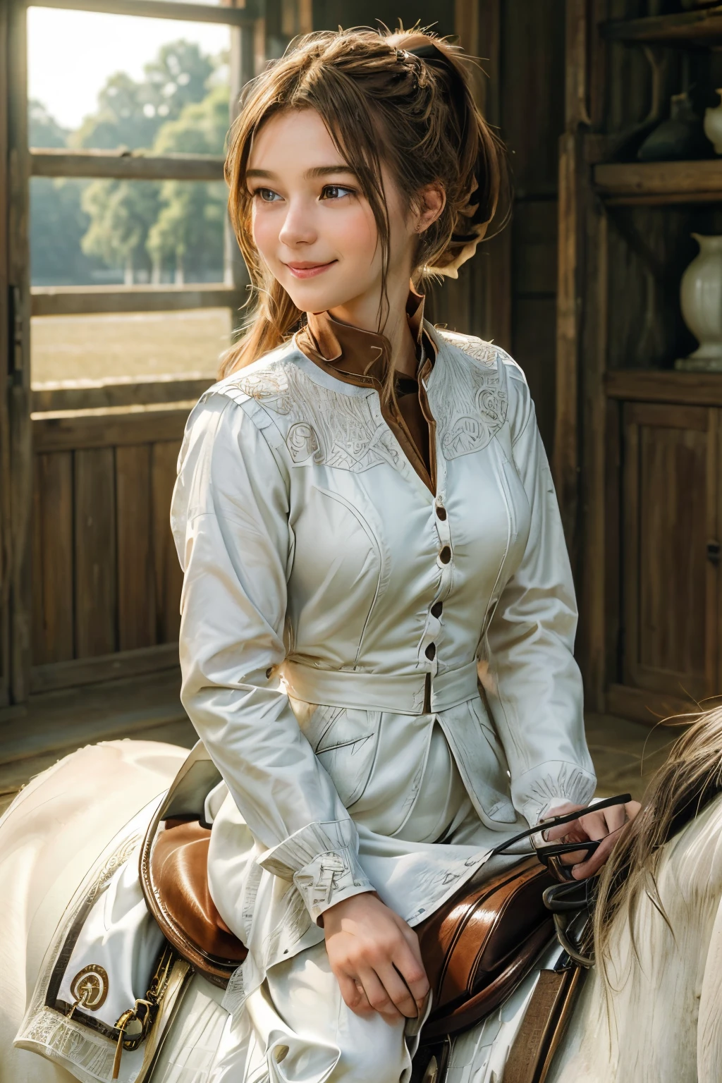 101
(a 20 yo woman,Riding on a white horse), (A hyper-realistic), (high-level image quality), ((beautiful hairstyle 46)), (I have my hair in a ponytail), (Gentle smile), (Keep your mouth shut), (ride horse、Horse racing、Equestrian competitions)