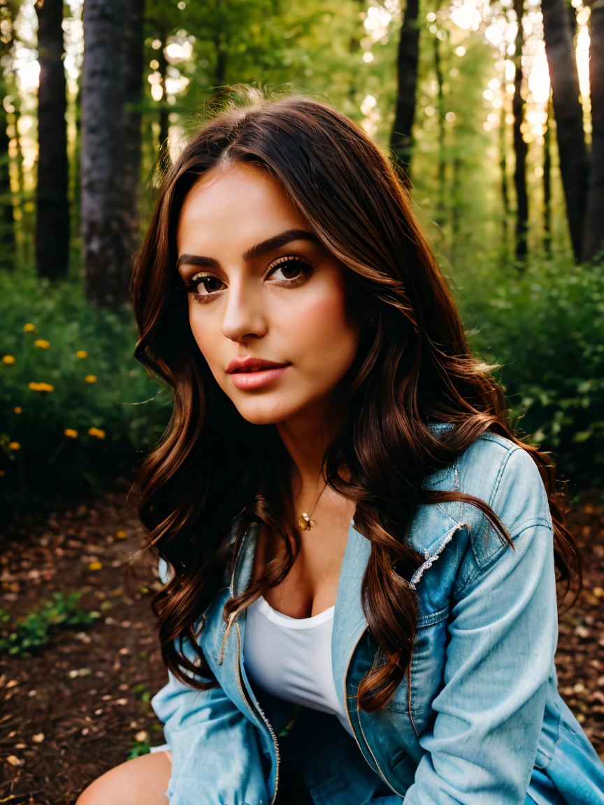 Albanian woman, 30 years, cute, neat face, detailed, small neat nose, neat plump lips, big eyes, neat eyes, brown eyes, Alice Milano, long hair, curly hair, natural shine, chocolate hair, full body, gorgeous, city girl, western, windy hair, sunny day, wearing casual dress, jacket and shoes , floating flowers arounded, calm poses, forest background, night day, ambient lighting, realistic trees, analog film color style, sigma 24mm f1.2 lens, ultra realistic, highly detailed, 8k, full body view, high resolution image, 64 megapixel image, close-up, full body, danemic poses