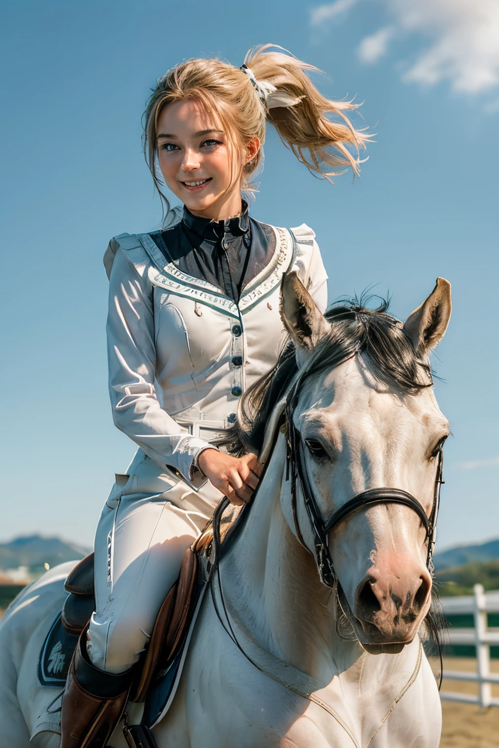 101
(a 20 yo woman,Riding on a white horse), (A hyper-realistic), (high-level image quality), ((beautiful hairstyle 46)), (I have my hair in a ponytail), (Gentle smile), (Keep your mouth shut), (ride horse、Horse racing、Equestrian competitions)