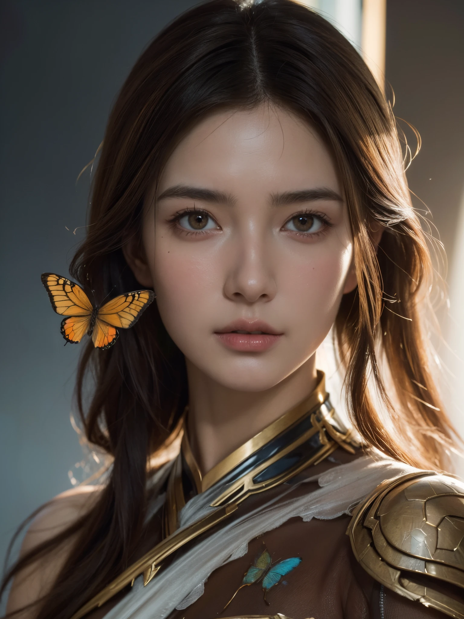 (best quality,8k,highres),brown hair portraits,digital photography,art by artgerm,ruan jia and greg rutkowski,surrealism paintings,detailed and intricate, majestic,mixed with broken glass,butterfly silk,ultra-realistic eyes and face:1.2,human evolution report