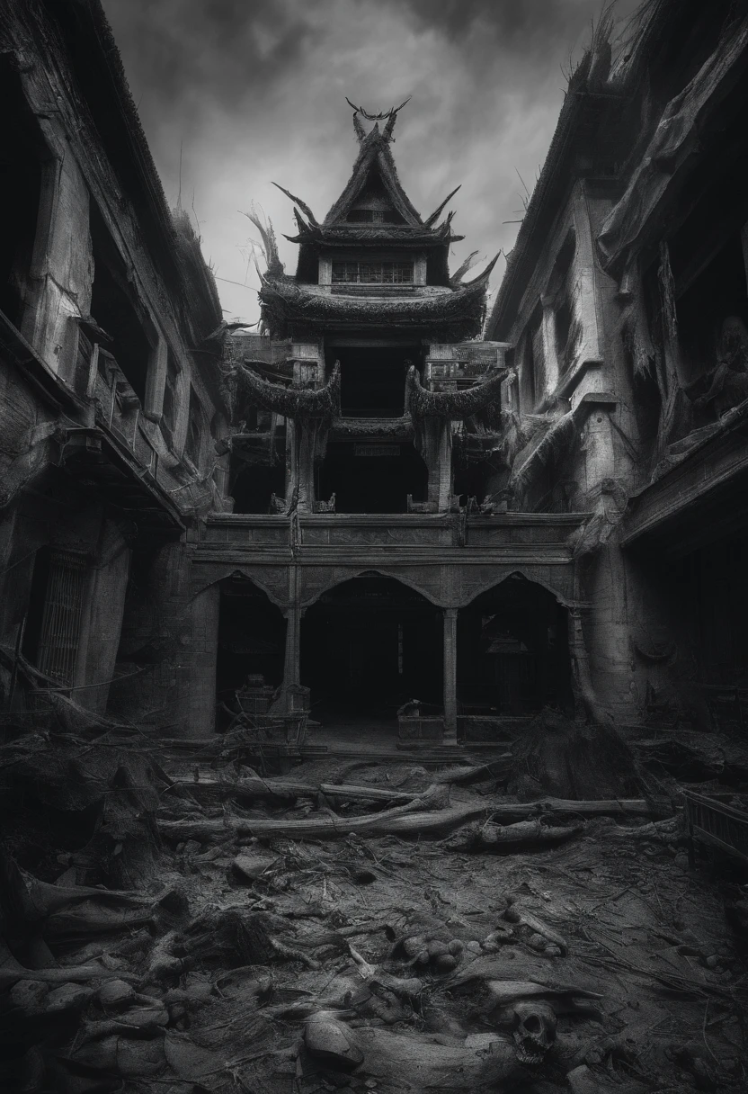 karo, China,zombi, unholy, Teeth become longer, Black and white style, heavy grain, High detail, Cinematic composition, Dramaticlight, deformation, super wide shot, Hyperrealistic,photorealestic