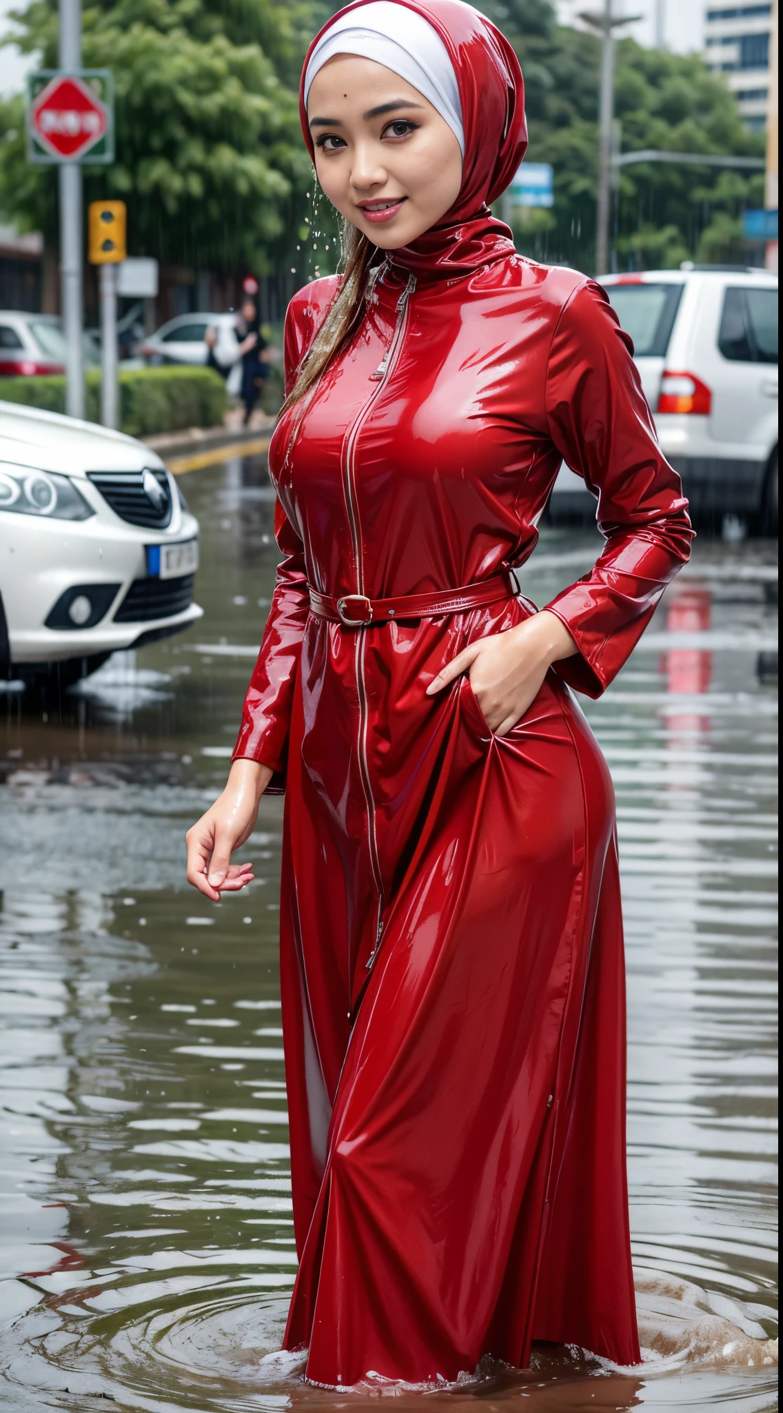 Mature woman in casual dress wet heels shoes looking behind the camera Female silver realistic wet hair with green eyes in the rain on a street in Rome