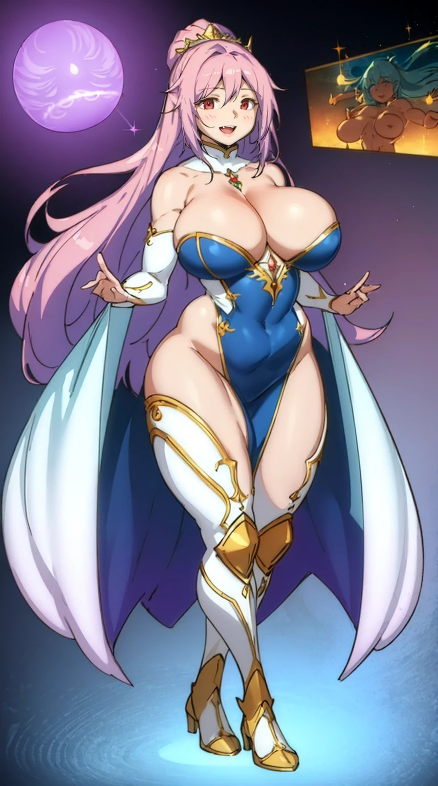 (best quality,masterpiece:1.2),intricate details,beautiful detailed eyes,beautiful detailed lips,extremely detailed eyes and face,longeyelashes,super curvy,comic style,vibrant colors,standing,innocent, full body, standing, smile,, holy magicalgirl, open mouth fang, holy haura, halo, smile, joyfull, paladin, sword holding, full body , boots, standing,cute,breast, curvy, female,fantasy goddess,there is a cartoon picture of a woman with a very large breast, glowing angelic being, glowing holy aura, inspired by Luma Rouge, the non-binary deity of spring, ethereal rainbow nimbus, the butterfly goddess of fire, inspired by Marie Angel, glowing aura around her, astral fairy, as the goddess of the sun, “uwu the prismatic person, big breast, happy, beautiful eyes, , full body, walking, long robe, long dress, ,priestess ,holy, smile, god rays, ray tracing, sparkle, cinematic lighting, UHD, retina, masterpiece, ccurate, anatomically correct, textured skin, super detail, high details, high quality, award winning, best quality, highres, 1080P, HD, 4K, thunder aura, light aura,full body suit, pullover