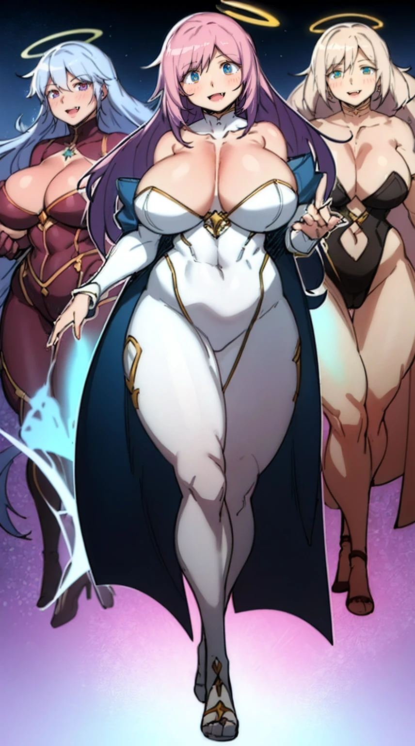 (best quality,masterpiece:1.2),intricate details,beautiful detailed eyes,beautiful detailed lips,extremely detailed eyes and face,longeyelashes,super curvy,comic style,vibrant colors,standing,innocent, full body, standing, smile,, holy magicalgirl, open mouth fang, holy haura, halo, smile, joyfull, paladin, sword holding, full body , boots, standing,cute,, curvy, female,fantasy goddess,there is a cartoon picture of a woman with a very large breasting angelic being, glowing holy aura, inspired by Luma Rouge, the non-binary deityspring, ethereal rainbow nimbus, the butterfly goddes fire, inspired by Marie Angel, glowing aura around her, astral fairy, as the goddess of the sun, “uwu the prismatic person, big breast, happy, beautyes, , full body, walking, long robe, long dress, ,priestess ,holy, smile, god rays, ray tracing, sparkle, cinematic lighting, UHD, retina, masterpiece, ccurate, anatomically correct, textured skin, super detail, high details, high quality, award winning, best quality, highres, 1080P, HD, 4K, thunder aura, light aura,full body suit