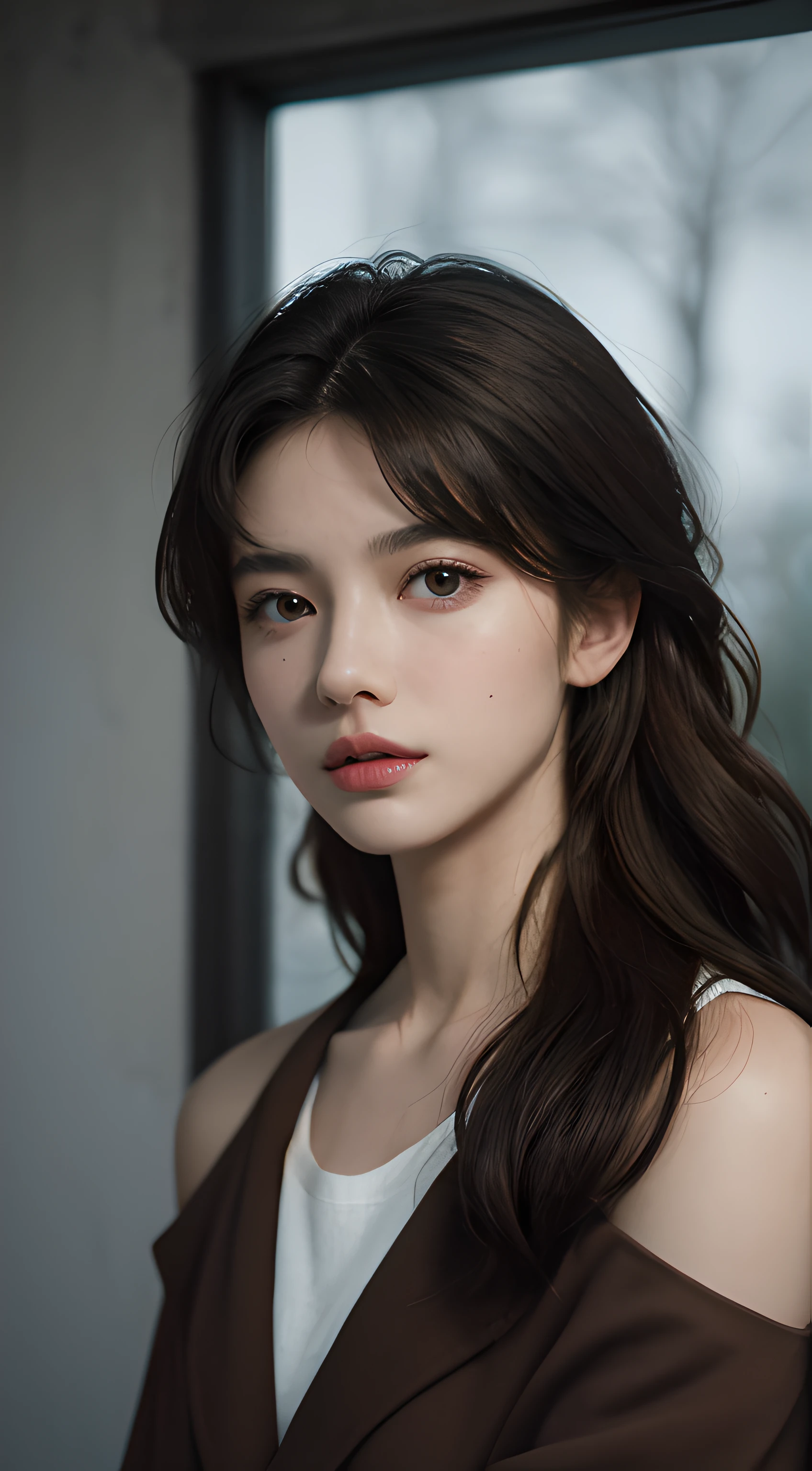 Best quality, masterpiece, ultra high res, (photorealistic:1.5), raw photo, 1 mature girl, offshoulder, in the dark, deep shadow, low key, cold light, sexy look, long brown hair, brown eyes