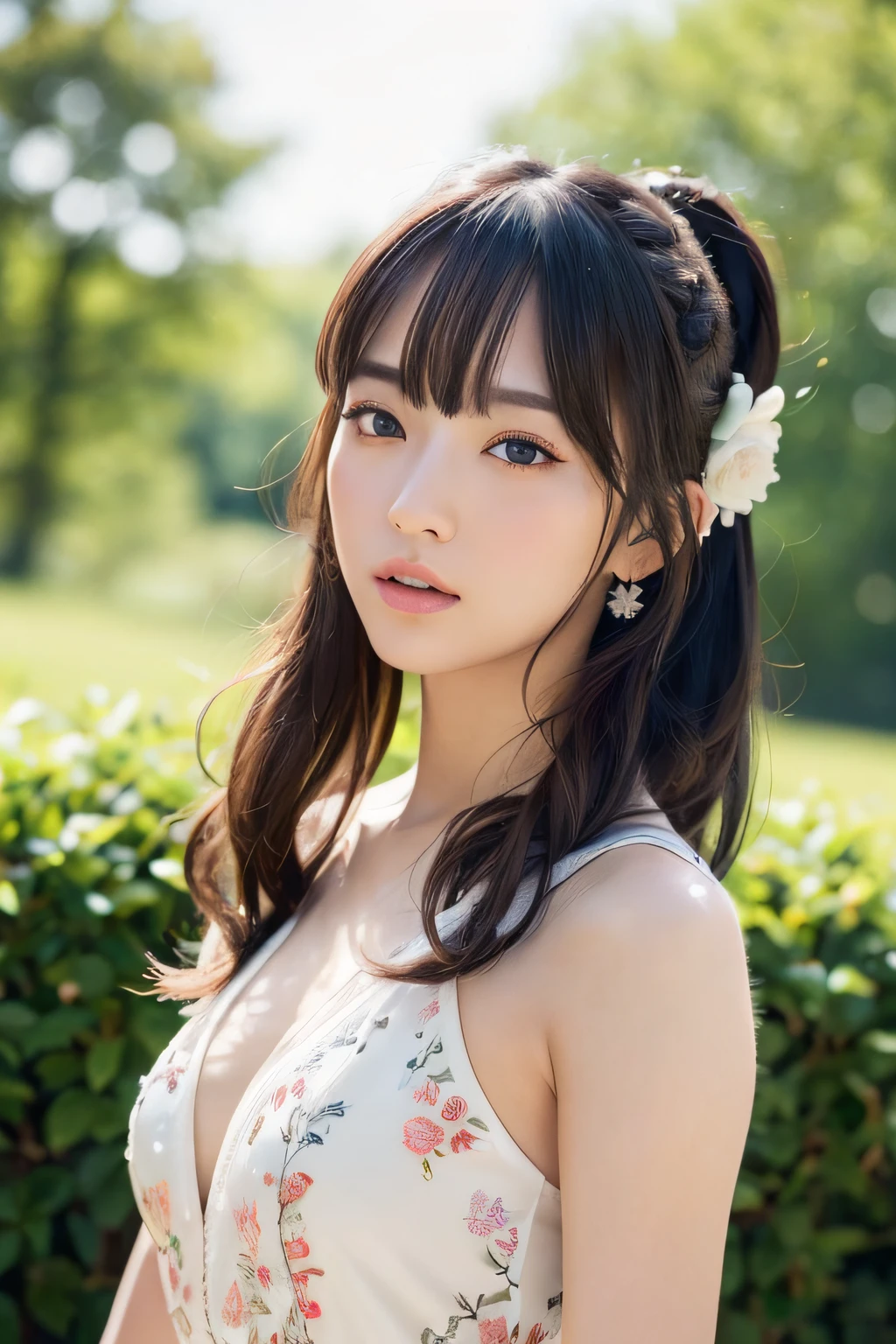 Focus on people。Create and express the best shining composition of the person in a realistic way。((masterpiece))、(((top-quality)))、((ultra-detailliert))、(A hyper-realistic)、(highly detailed CGillustration)、(extremely delicate and beautiful)、Girl a masterpiece、top-quality、Realistic skin feeling、Realistic fabric、We will introduce a realist illustration focusing on the center front of girls with realistic and ultra-detailed eyes.。This is the absolute rule, and the following sentence expresses the image quality。 The greatest painter in human history meets an unparalleled beauty、It is the greatest masterpiece in the history of the Inuiku Ichigo, which depicts the most beautiful figure of a lifetime.。 Create stunning anime artwork that is currently trending on seaStation、Introducing exquisite beauty and seductive aesthetics。Hair is tied up、White pesant dress with detailed floral embroidery、The background is outdoors