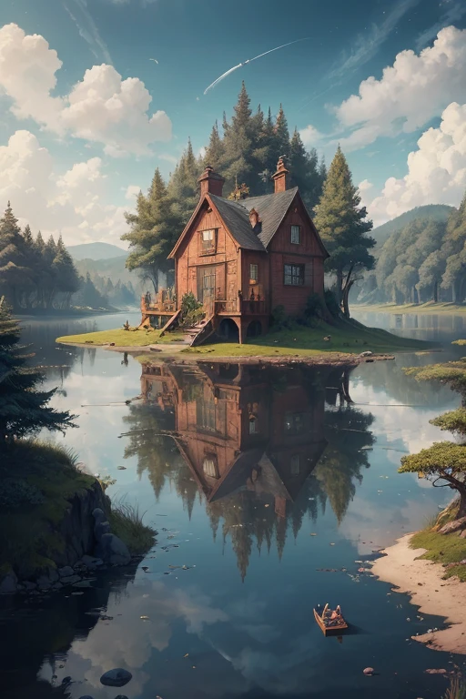 Elf kingdom, house full of design, forest, lake, sky, clouds, fantastic, oversaturated, surreal, Pixar style, high resolution, artgerm, masterpiece, super detailed, epic composition, high quality, highest quality , 4k --v 6