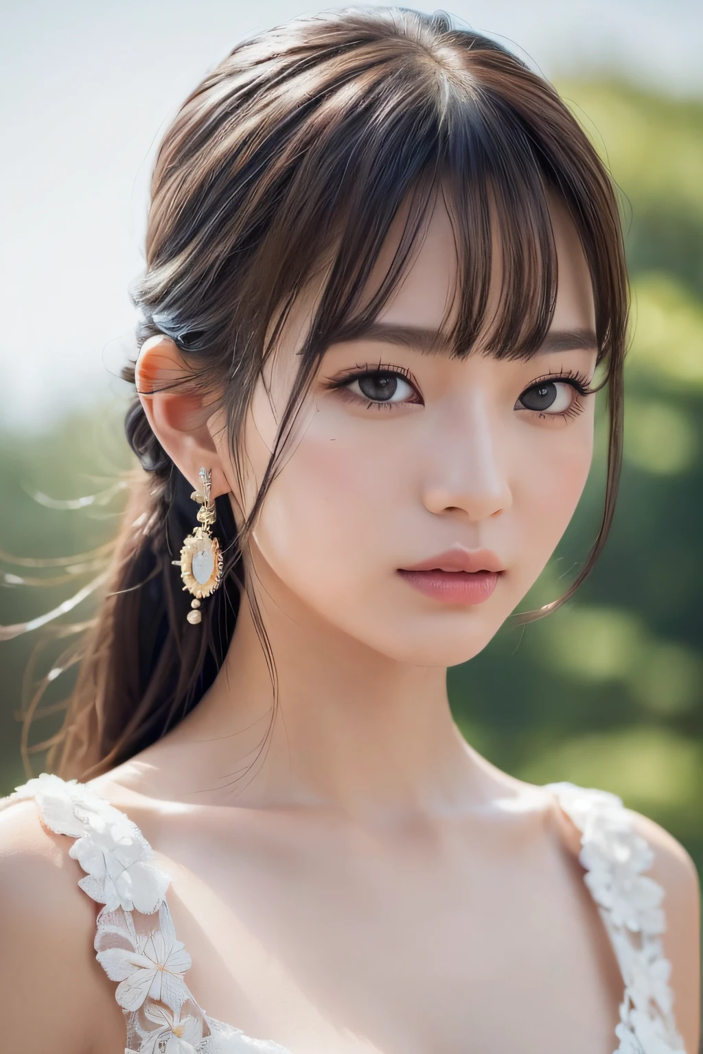 Focus on people。Create and express the best shining composition of the person in a realistic way。((masterpiece))、(((top-quality)))、((ultra-detailliert))、(A hyper-realistic)、(highly detailed CGillustration)、(extremely delicate and beautiful)、Girl a masterpiece、top-quality、Realistic skin feeling、Realistic fabric、We will introduce a realist illustration focusing on the center front of girls with realistic and ultra-detailed eyes.。This is the absolute rule, and the following sentence expresses the image quality。 The greatest painter in human history meets an unparalleled beauty、It is the greatest masterpiece in the history of the Inuiku Ichigo, which depicts the most beautiful figure of a lifetime.。 Create stunning anime artwork that is currently trending on seaStation、Introducing exquisite beauty and seductive aesthetics。Hair is tied up、White pesant dress with detailed floral embroidery、The background is outdoors