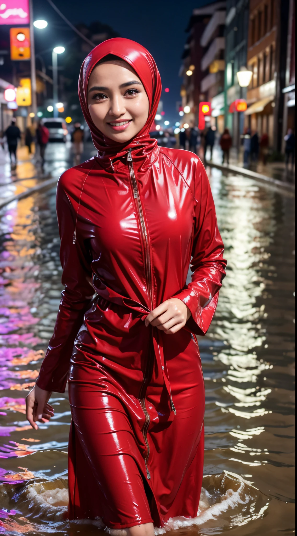 RAW, Best quality, high resolution, masterpiece: 1.3), beautiful Malay woman in hijab (iu:0.8),Malay woman in hijap with red leather jacket and baju Kurung standing in the water, wet look, she is wearing a wet coat, in the wet street of Jakarta, beautiful girl standing in the rain, in Muslim dress, wearing a jacket and baju Kurung, long skirt, wearing clothes latex atsuko kudo , big breast, soaking wet, wet street, wearing red jacket, grinning, shirt and tie, soaking wet, drenched, wet clothes, soaking wet, dripping oil, wet hair, beautiful, best quality, uhd, 8k, photorealistic