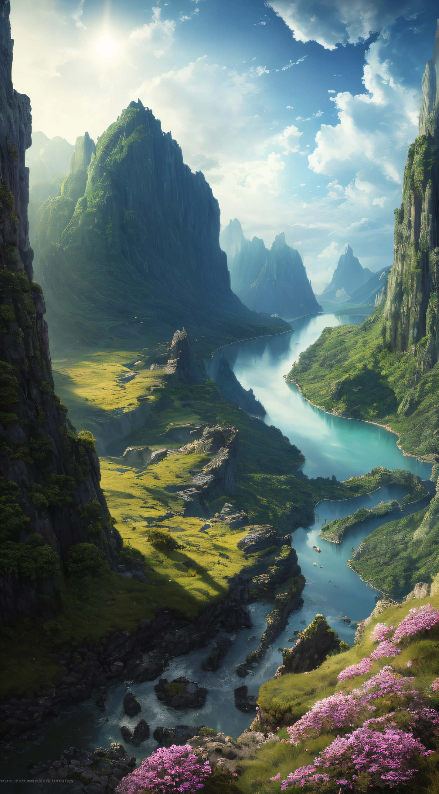 (((masterpiece))), complex landscape, best quality, high quality, extremely detailed CG unity 8k wallpaper, scenery, outdoors, sky, cloud, day, no people, mountain, landscape, water, tree, blue sky, waterfall, cliff, nature, lake, river, cloudy sky,award winning photography, Bokeh, Depth of Field, HDR, bloom, Chromatic Aberration ,Photorealistic,extremely detailed, trending on artstation, trending on CGsociety, Intricate, High Detail, dramatic, art by midjourney, vast landscape, small mountains