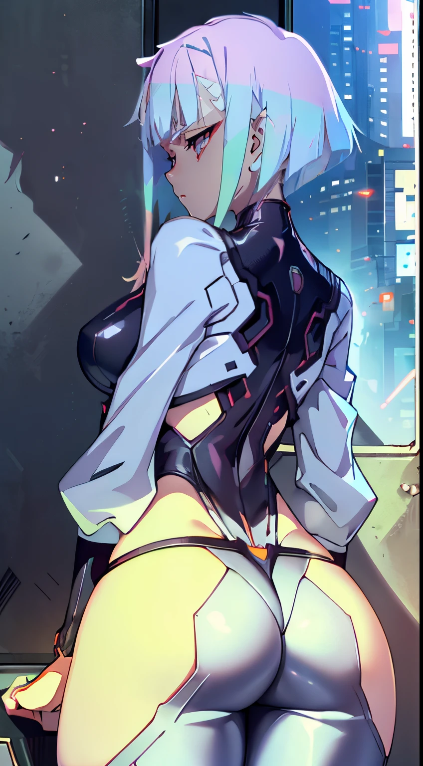 gloomy composition, gloomy background, Lies, lying by the window, night city, Cyberpunk city, very detailed eyes, Beautiful figure, Lucy from the anime series Cyberpunk Edge Runner, a 1girl, facing the viewer, Beautiful figure (Proper Anatopy 1.1.), in full height (Body Full 1.1), Slim, Slender figure, Slender figure, shapely legs, Anime style, white colored hair, white colored hair, that disappear at the ends, Bob hairstyle, short white jacket, tight black suit, Cutouts on the shoulders, Cutouts on the chest, Neckline at the waist, Skinny black leather pants, Very detailed face, Very beautiful face, Very sexy ass, in full height (Body Full 1.1), small elastic breasts, Little ass, Beautiful slim figure, small buttocks, black tight suit, darkly,gris & Dark Style:1.1), Light, femininity,tmasterpiece,beste-Qualit,higly detailed,Visible to the feet, 8K resolution, High Sharp, 8K resolution, higly detailed, 8K UHD, Professional lighting, Photon mapping,physical based rendering, a perfect face, detailed face and body, ray traced, expressive look, Cinmatic Lighting,elastic small breasts, Heightened sexuality,