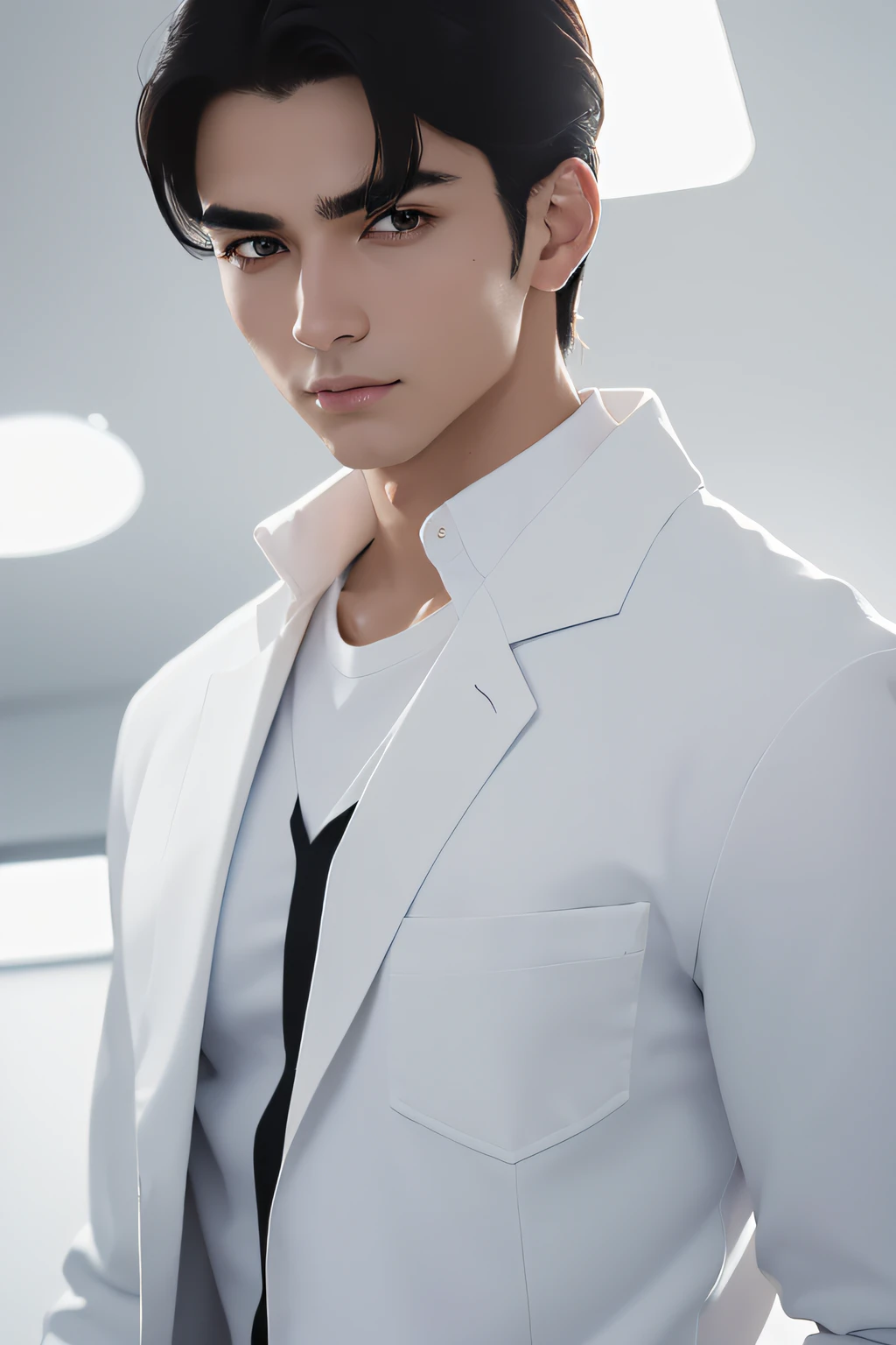 ((near future)),((android))thinner eyebrows,(masutepiece), Best Quality,((Narrow-eyed)) ultrdetailed,Illustration,Ultra detailed view, (Realistic),(((A dark-haired))),((1 Young Man)),(full body Esbian),((Researcher in white coat)),(Not wearing glasses),twinks,(light skinned),(Know),Black eyes,(gender: Natural face),(Korea person),((Long body)),((white shirt)),clean lab,(Beautiful fece),Cool images,(((Cool look)))