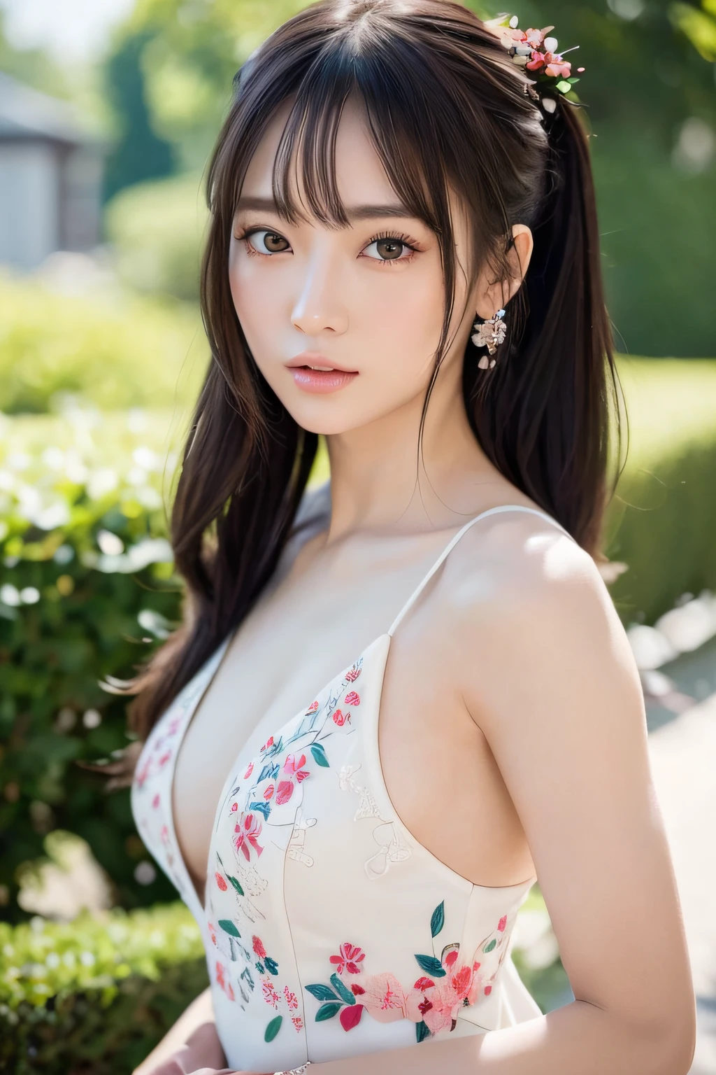 Focus on people。Create and express the best shining composition of the person in a realistic way。((masterpiece))、(((top-quality)))、((ultra-detailliert))、(A hyper-realistic)、(highly detailed CGillustration)、(extremely delicate and beautiful)、Girl a masterpiece、top-quality、Realistic skin feeling、Realistic fabric、We will introduce a realist illustration focusing on the center front of girls with realistic and ultra-detailed eyes.。This is the absolute rule, and the following sentence expresses the image quality。 The greatest painter in human history meets an unparalleled beauty、It is the greatest masterpiece in the history of the Inuiku Ichigo, which depicts the most beautiful figure of a lifetime.。 Create stunning anime artwork that is currently trending on seaStation、Introducing exquisite beauty and seductive aesthetics。Hair is tied up、White pesant dress with detailed floral embroidery、The background is outdoors