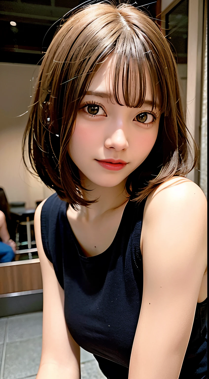 ((Detailed and realistic faces)), (10 years old), 1 person, girl, (Baby Face:1.2), (Very thin body:1.4), (Small breasts), Cliff, (nude:1.1), Short back hair, short hair, (Brown Hair), (smile), ((No makeup)), stand
