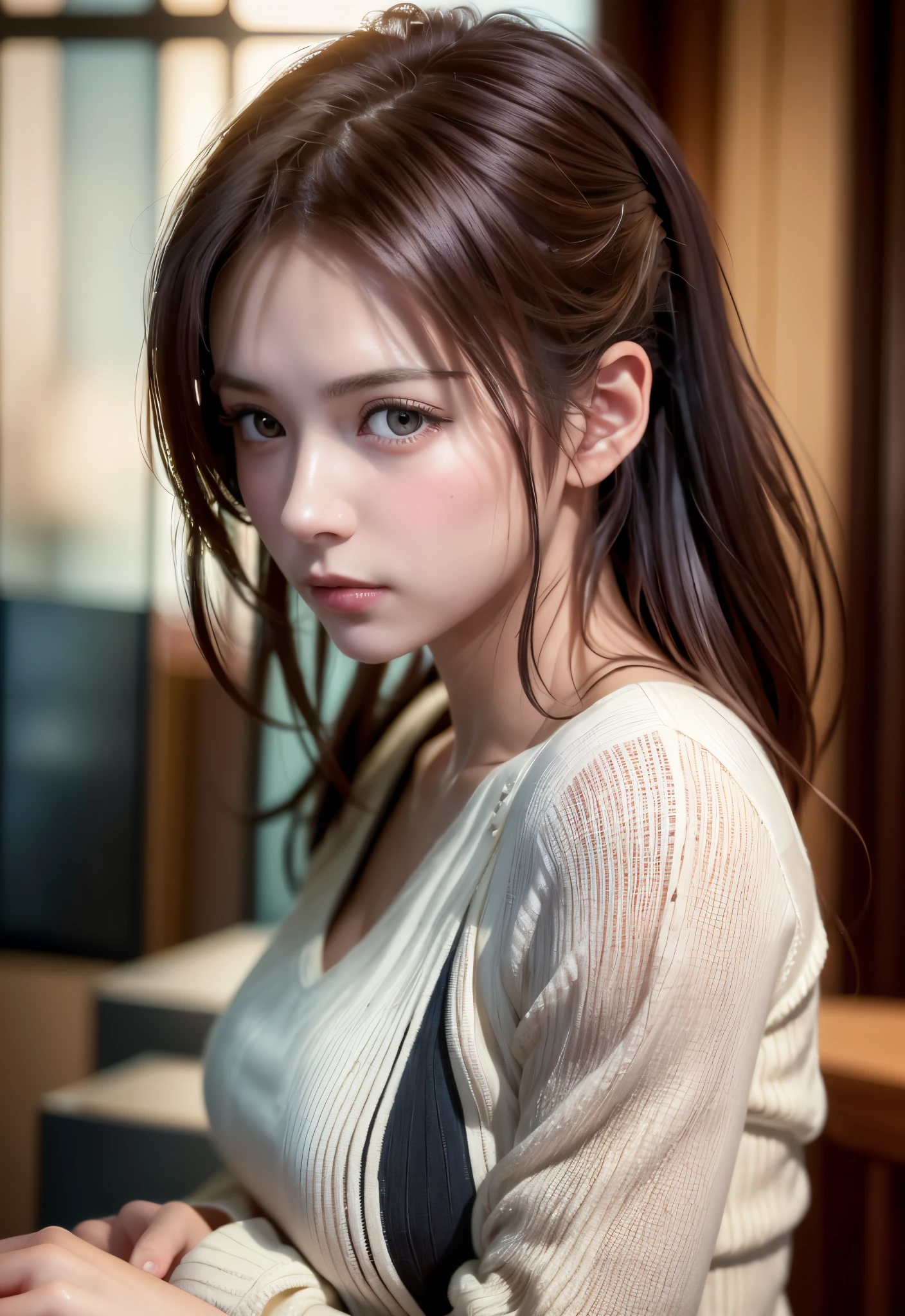 8K, of the highest quality, masutepiece:1.2), (Realistic, Photorealsitic:1.37), of the highest quality, masutepiece, Beautiful young woman, Pensive expression, Thoughtful look, Elegantly dressed, Hair tied back, Messy mood, Cinematic background, Tired, Light skin tone