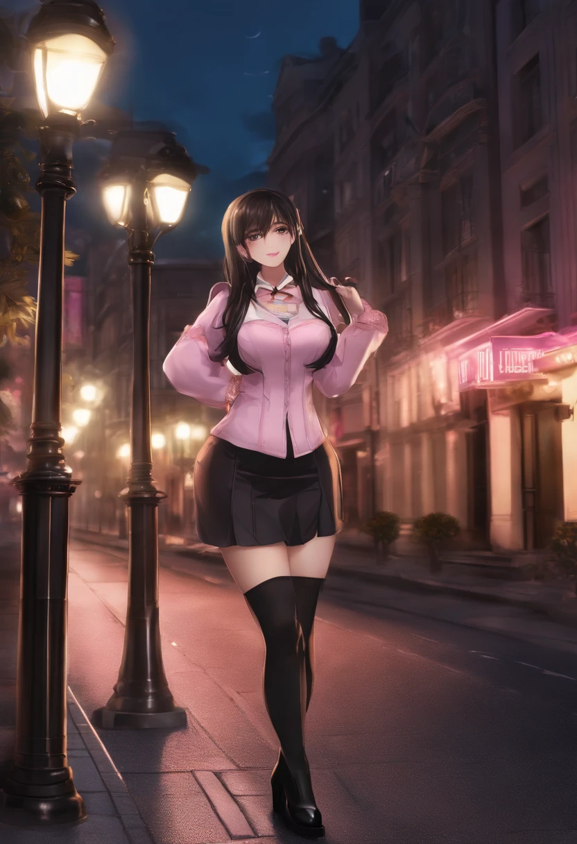 Manga style, voluminous breasts, firm breasts, five fingers, long hair, straight hair, detailed hands, black hairs, happy face , escort outfit , standing on her feet, street, night, ,street lamp light, full-length black boots, fishnet stockings, pink mini top, white top,