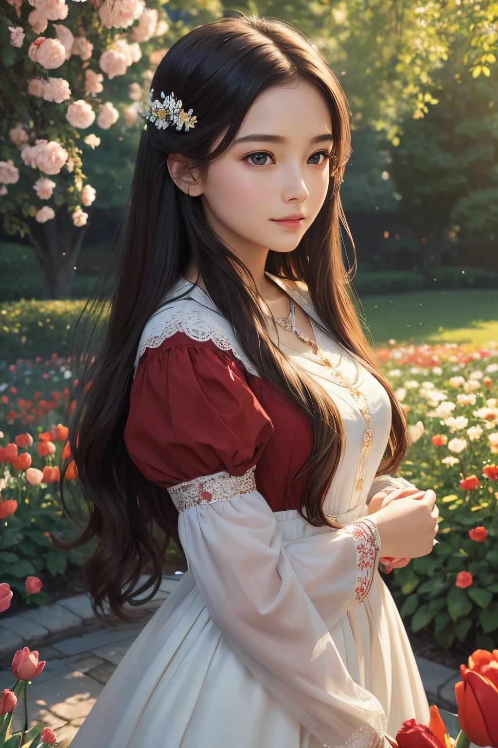 Wearing a bright red dress,Bring out her fair complexion, Standing gracefully in front of a flowery garden, Double exposure effect creates an ethereal atmosphere,bathed in the warm glow of the sun. The garden was full of colorful flowers, Including roses, tulips, and daisies, Create a picturesque background. girl surrounded by breeze, Let her hair flow gracefully. As she gazes into the distance,Her eyes are full of curiosity and innocence, hinting at her charming smile, There's a story behind this. Portraits are created with oil paints, Give it a rich and timeless feeling. vibrant with colors、with dynamism, Focus on warm colors,Create a feeling of warmth and well-being. The lighting is soft and natural, Gives girls a soft glow's face, exquisite detailing,Enhance her facial features,Create a sense of depth. The overall quality of the artwork is of the highest standard, Every stroke reveals the artist's style'of talent'Talents'Skills and attention to detail. The degree of reality is shocking, Bring your portrait to life, Evoke a connection with the audience. This masterpiece captures the beauty and essence of the girl, provides a timeless and captivating manifestation of her existence.