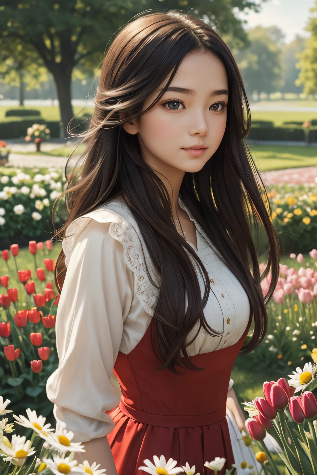 Wearing a bright red dress,Bring out her fair complexion, Standing gracefully in front of a flowery garden, Double exposure effect creates an ethereal atmosphere,bathed in the warm glow of the sun. The garden was full of colorful flowers, Including roses, tulips, and daisies, Create a picturesque background. girl surrounded by breeze, Let her hair flow gracefully. As she gazes into the distance,Her eyes are full of curiosity and innocence, hinting at her charming smile, There's a story behind this. Portraits are created with oil paints, Give it a rich and timeless feeling. vivd colour、with dynamism, Focus on warm colors,Create a feeling of warmth and well-being. The lighting is soft and natural, Gives girls a soft glow's face, exquisite detailing,Enhance her facial features,Create a sense of depth. The overall quality of the artwork is of the highest standard, Every stroke reveals the artist's talent'of talent'Skills and attention to detail. The degree of reality is shocking, Bring portraits to life, Evoke a connection with the audience. This masterpiece captures the beauty and essence of the girl, provides a timeless and captivating manifestation of her existence.