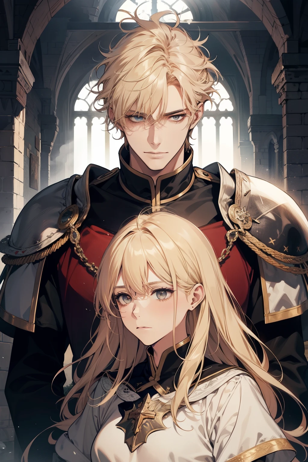 1男性, AS-Adult, Messy blonde hair and bangs, prinz, white clothes, Handsome, dispassionate, The beautiful, Condescending, slimification, in a castle, Medieval fantasy