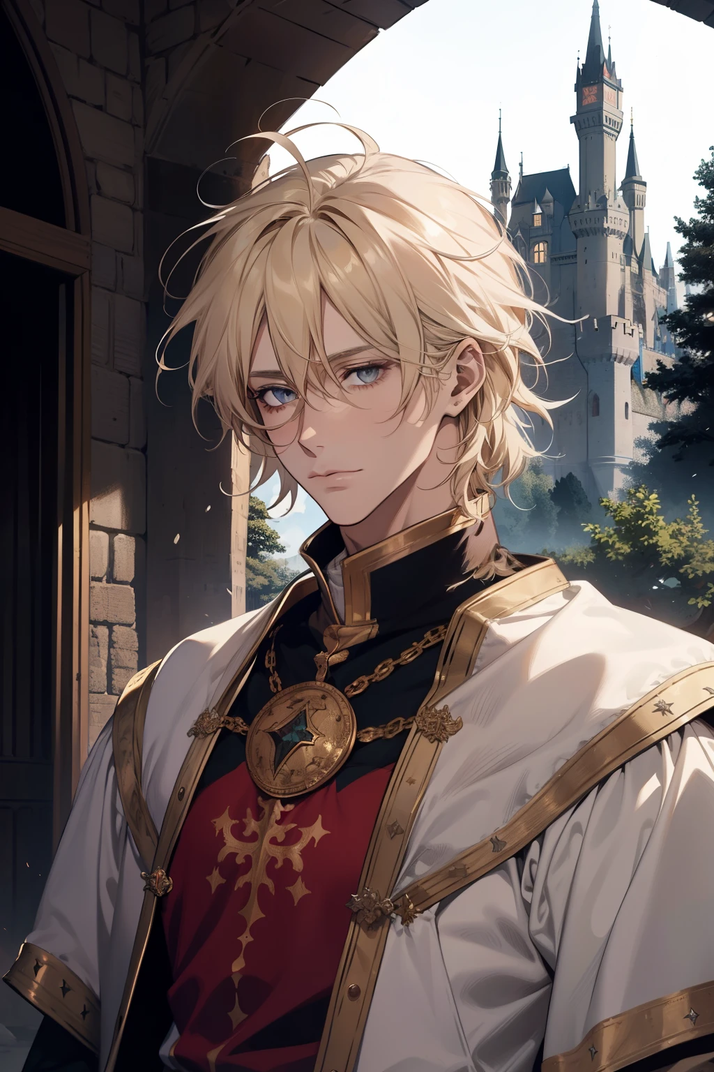 1男性, AS-Adult, Messy blonde hair and bangs, prinz, white  clothes, Handsome, dispassionate, The beautiful, Condescending, slimification, in a castle, Medieval fantasy